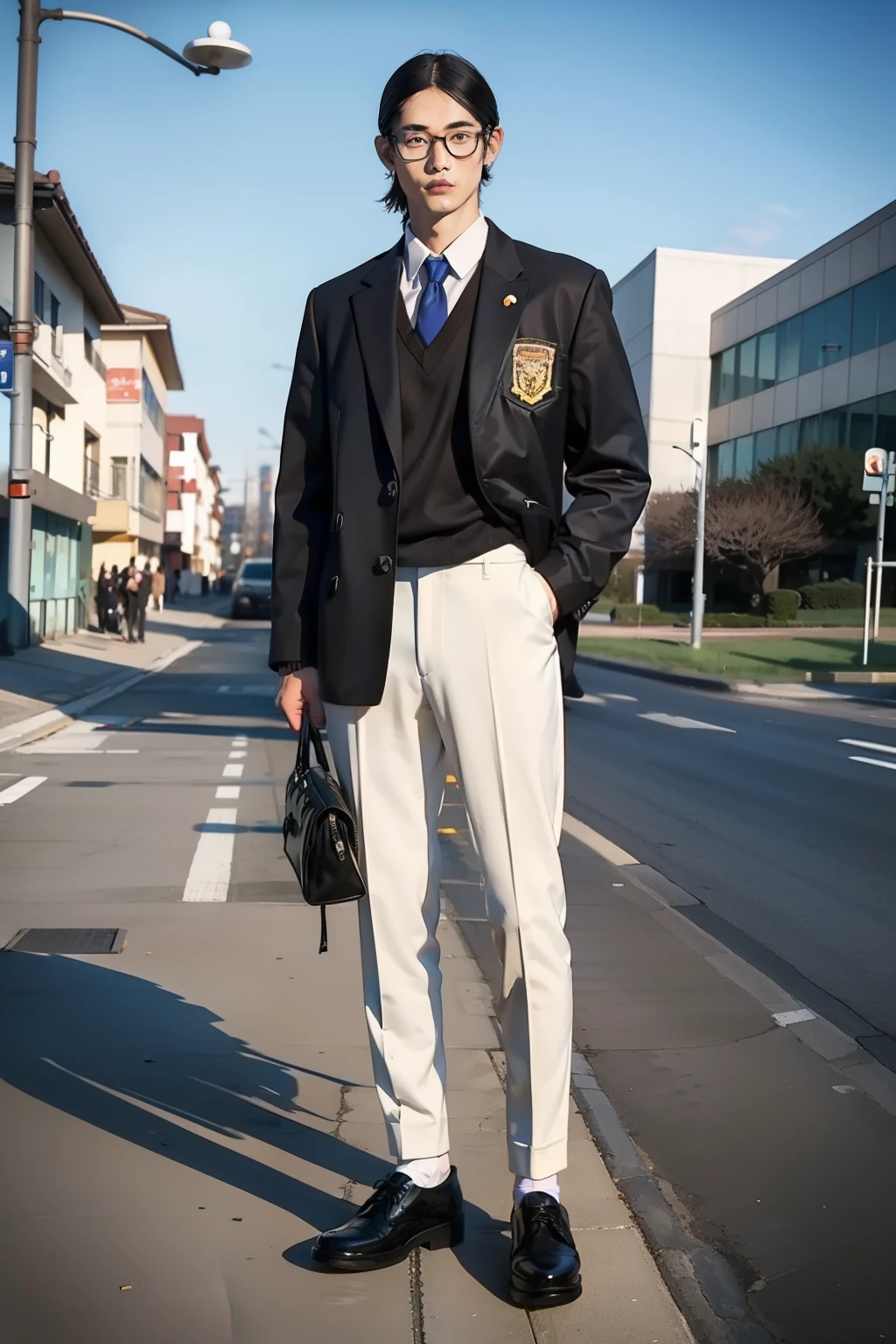 1boy, student, school uniform, nerd, glasses, realistic, short hair, full body, wide angle, 8k, photography, japan school, full body, standing, school shoes vantofel