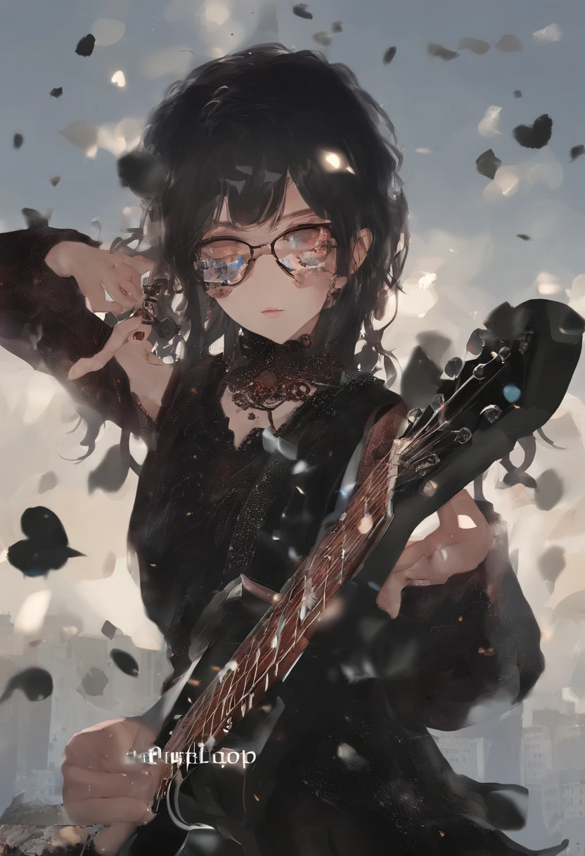 Manhwa Style,Rock puppy,Trendy clothing,wears dark glasses,plays the guitar,Madness,Fluttering musical symbols,ball room,lamplight,Spotlights,8K,super-fine,full bodyesbian,best qualtiy,独奏