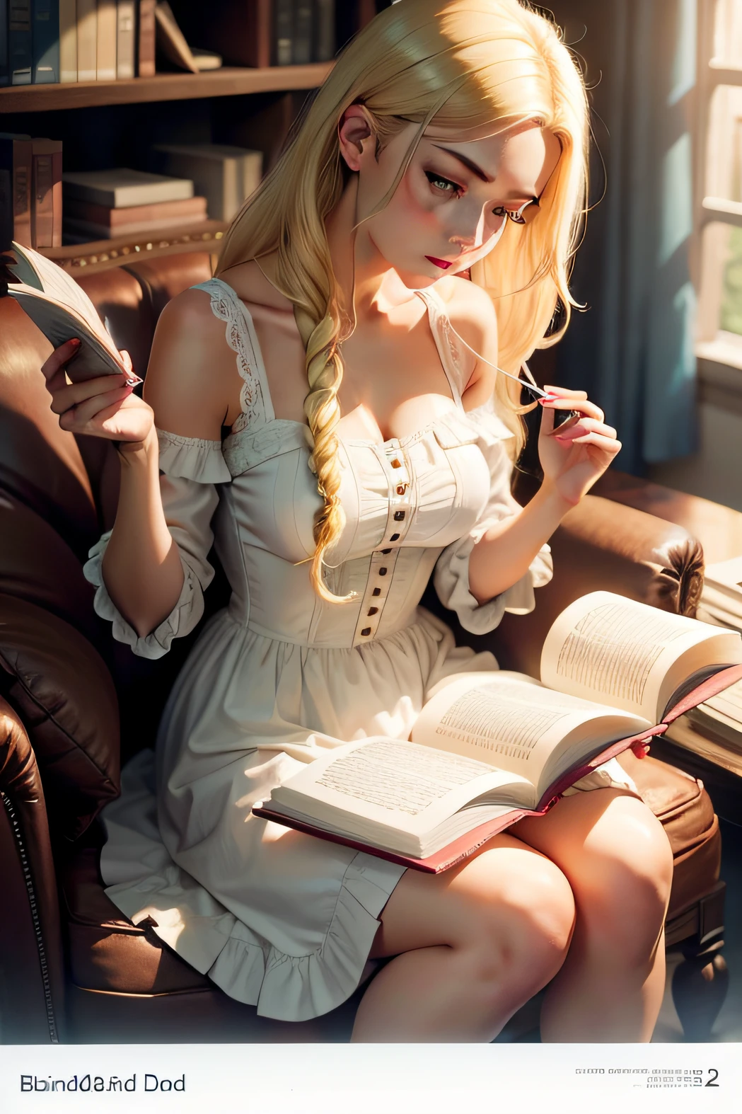 white dresses，white skinned，brunette color hair，short detailed hair，Blue eyes，sitting down，looking at book，home，Need，tmasterpiece