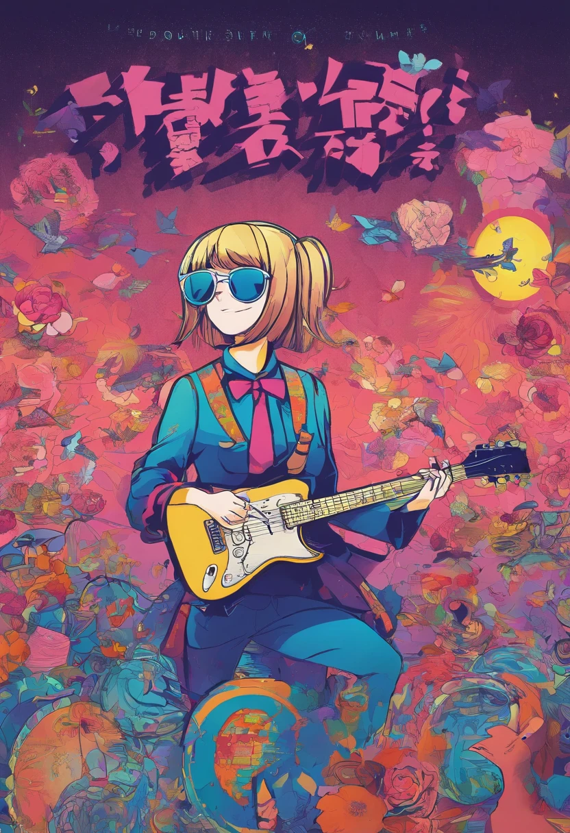 Manhwa Style,Rock puppy,Trendy clothing,wears dark glasses,plays the guitar,Madness,Fluttering musical symbols,ball room,lamplight,Spotlights,8K,super-fine,full bodyesbian,best qualtiy,独奏