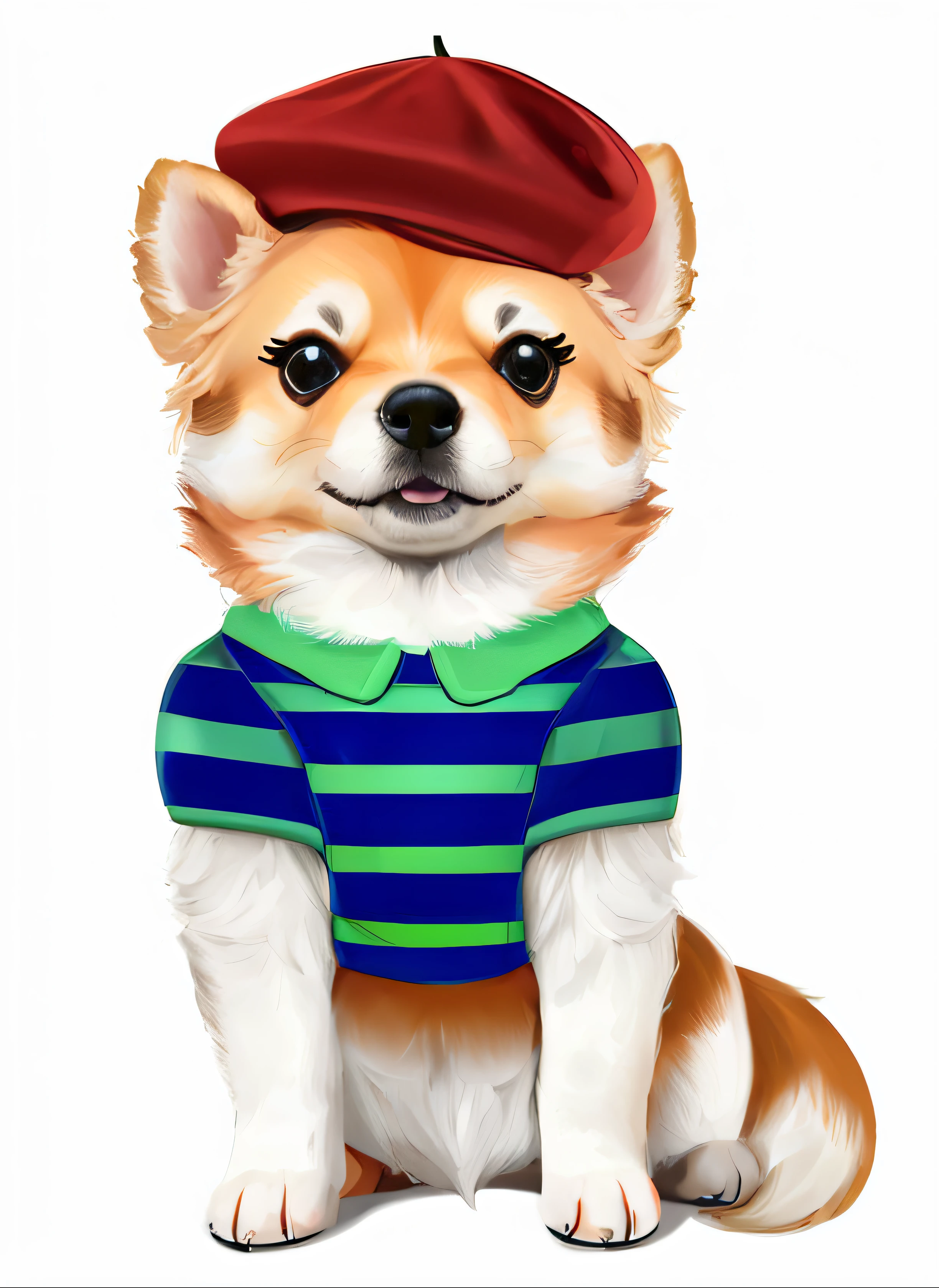 cachorro vestindo uma camisa listrada e uma boina, painting digital adorable, corgi bonito, painting of cute dog, in illustration style digital, anthropomorphic shiba inu, stylized digital illustration, arte digital bonito, Fursona usando roupas estilosas, uma pintura digital, anthropomorphic dog, feito com ilustrador, em estilo de pintura digital