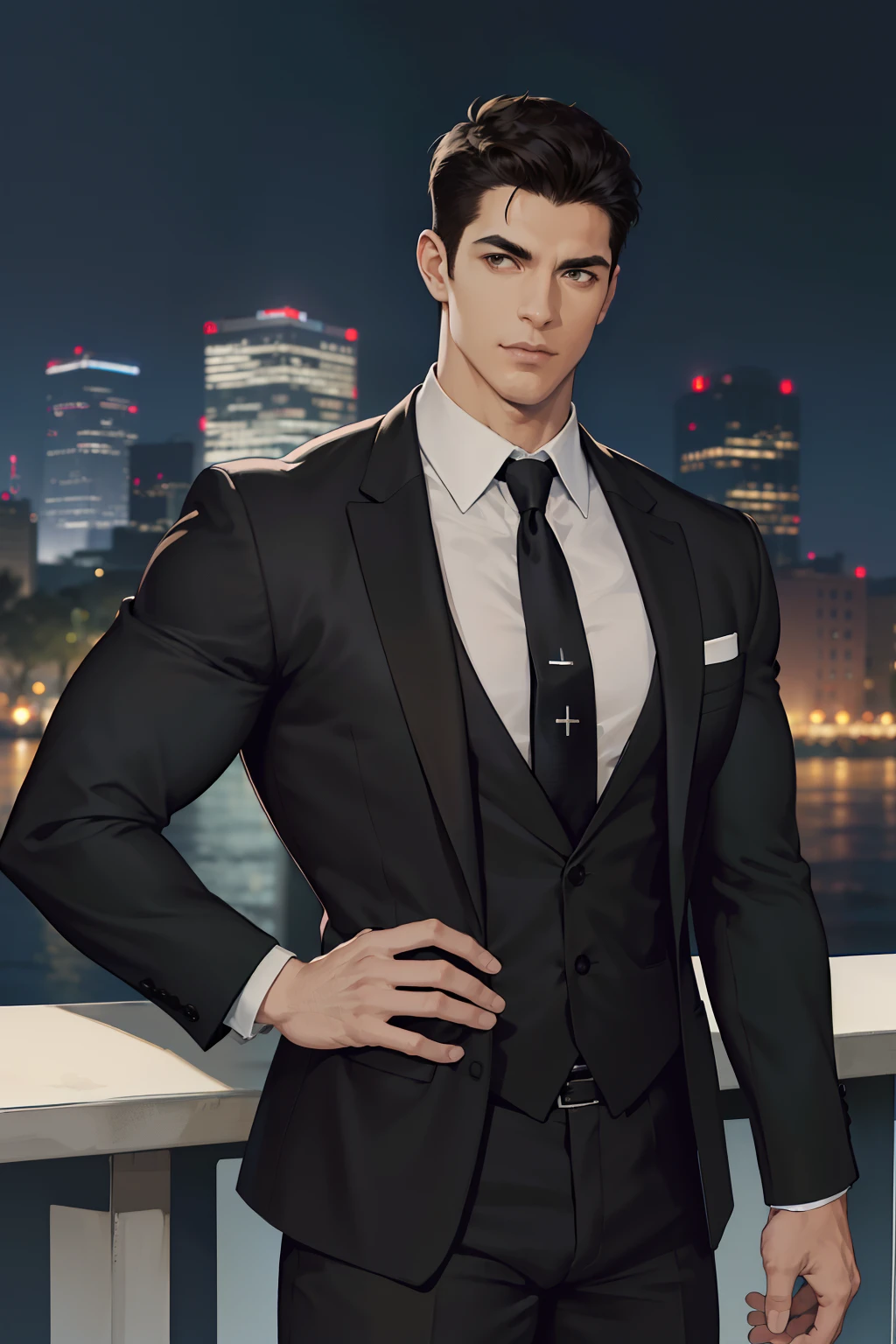 (absurdres, highres, ultra detailed, realistic, ), 1 male, solo, adult, mature, tall muscular guy, broad shoulders, handsome, very short hair, black hair, brown eyes, angular jaw, thick neck, thick eyebrows, night, dark, the night view of the city background, formal suit, necktie, upper body