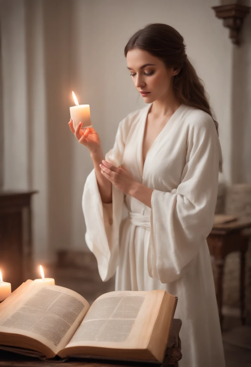 A beautiful magical woman in a white robe raised her hand, A circle of magic books scattered on the ground, Magic books and candles are placed around, Seven mirrors at different angles just above, Gloomy picture, vision, Depth of field, divine light, film grain, Optical illusion, Vignetting, Renaissance, Pre-Raphaelite Brotherhood, High detail, Back Shadow