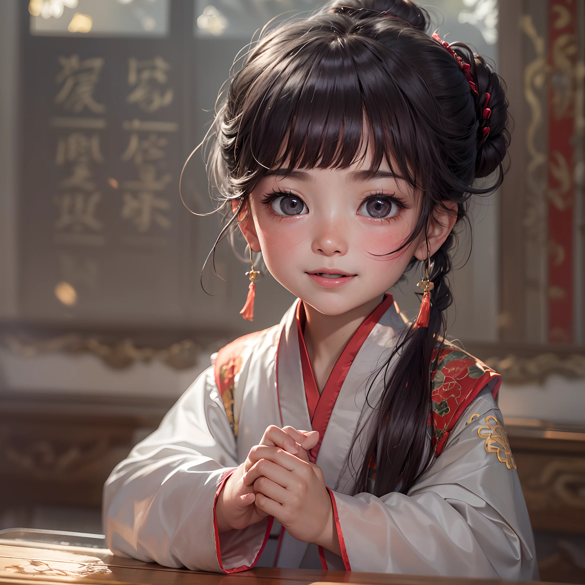 Cosy room,Chinese-style rooms,a girl,anatomy correct,wearing a hanfu,Delicate facial features,The skin is delicate and rosy,Black colored eyes,with short black hair,Tie your hair into a bun,ssmile,(Blink an eye:1.6),(Grimacing:1.4),Playful expression,(One hand drags his chin:1.6),tmasterpiece,A high resolution,high detal,3Drenderingof