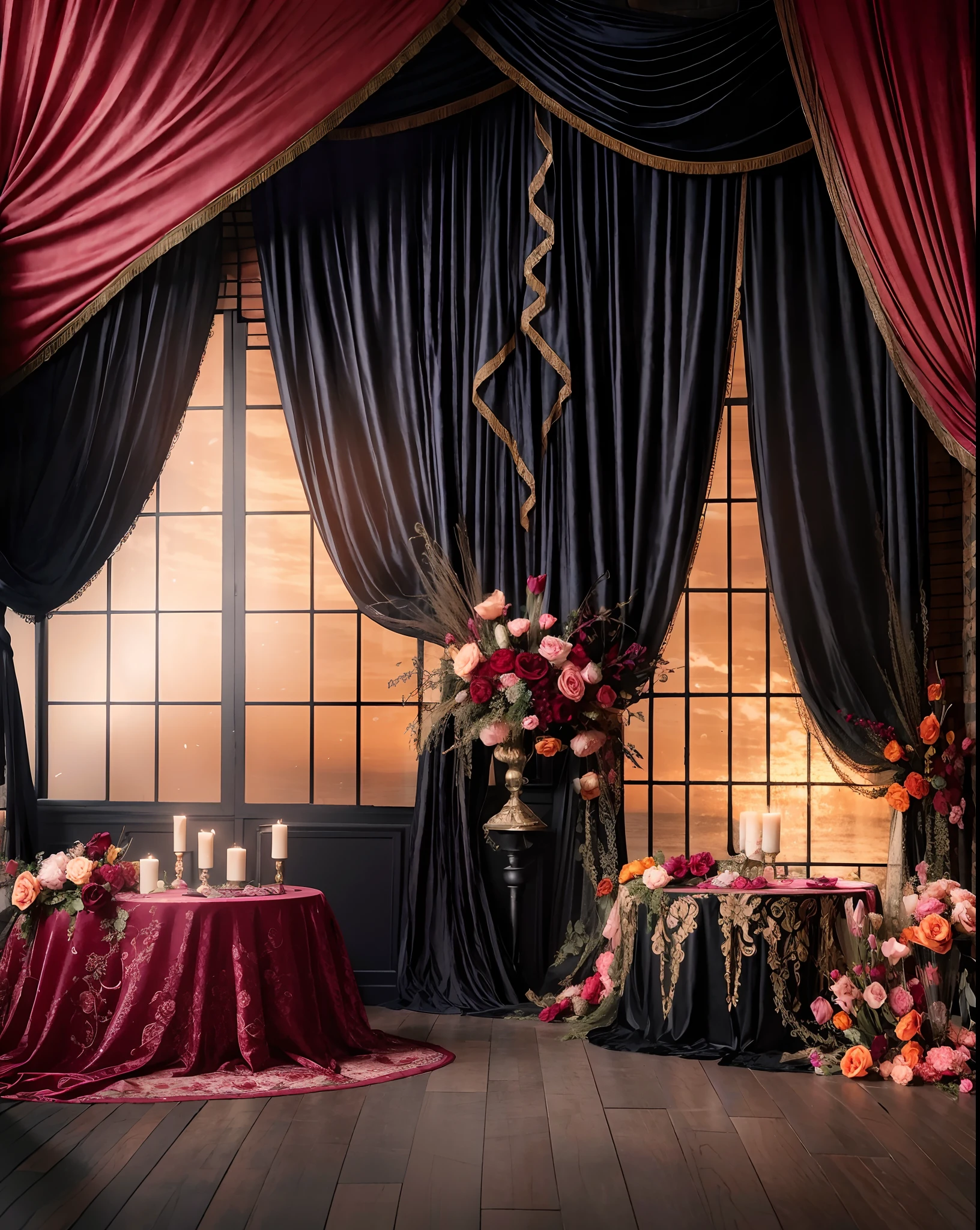 there is a large window with a curtain and a bunch of flowers, stunning arcanum backdrop, draped in velvet and flowers, background made of big curtains, ornate backdrop, dark and moody colors, ornate and intricate backdrop, baroque style painting backdrop, dramatic backgroung, bold moody colors, dreamy atmosphere and drama, floral painted backdrop, dark moody colors