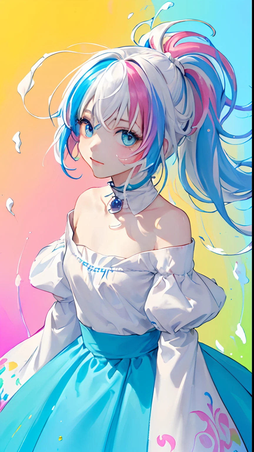（Pink Fashion T-shirt：1.9），(Colorful hair: 1.8), (all the colours of the rainbow: 1.8),(((((vertical painting：1.6))), （painting：1.6），front, comics, illustrations, paintings, large eyes, crystal clear eyes,（ rainbow color gradient high ponytail：1.7）, exquisite makeup, closed mouth,(Small Fresh: 1.5),(Wipe Chest: 1.6) ，long eyelashes, white off shoulder T-shirt,  White Shoulder Shirt，looking at the audience, large watery eyes, (rainbow colored hair：1.6), color splash, （solo：1.8）, color splash, color explosion, thick paint style, messy lines, ((shining))，(colorful), (colorful), (colorful), colorful, Thick Paint Style, (Splash) (Color Splash), Vertical Painting, Upper Body, Paint Splash, Acrylic Pigment, Gradient, Paint, Highest Image Quality, Highest Quality, Masterpiece, Solo, Depth of Field, Face Paint,  colorful clothes, (Elegant: 1.2), gorgeous,long hair, wind, (Elegant: 1.3), (Petals: 1.4)，(((masterpiece))),(((best quality))),((ultra-detailed)),(illustration),(dynamic angle),((floating)),(paint),((disheveled hair)),(solo),(1girl) , (((detailed anima face))),((beautiful detailed face)),collar,bare shoulders,white hair, ((colorful hair)),((streaked hair)),beautiful detailed eyes,(Gradient color eyes),(((colorful eyes))),(((colorful background))),(((high saturation))),(((surrounded by colorful splashes))),