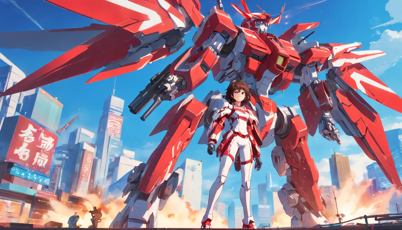 Female red and white cyborg mech，holding gun，Complex mechanical structure，Mecha articulated wing metallic luster，Fly in the sky