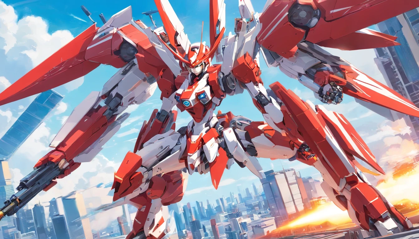 Female red and white cyborg mech，holding gun，Complex mechanical structure，Mecha articulated wing metallic luster，Fly in the sky