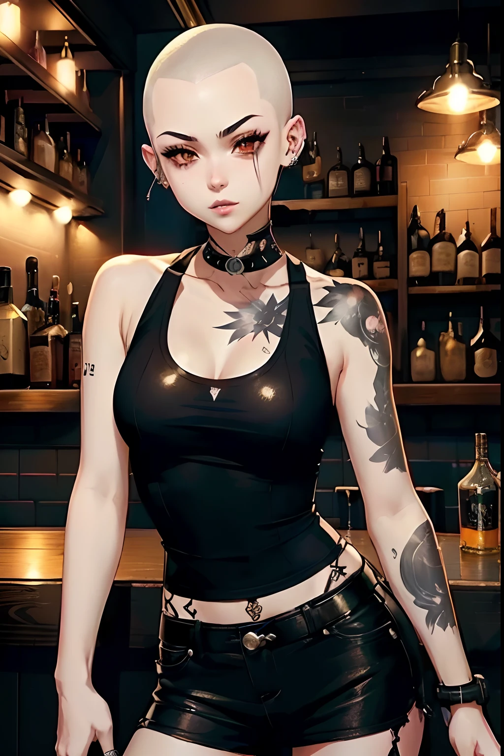 Anime girl with shaved head and black top posing in a bar, garota anime punk, personagem de anime; arte de corpo inteiro, em um bar, em um bar, Digital anime illustration, personagem estilo anime, Arte no estilo de Guweiz, menina anime sedutora, illustration Anime style, arte digital estilo anime, :: Ross, menina anime, Garota cyberpunk