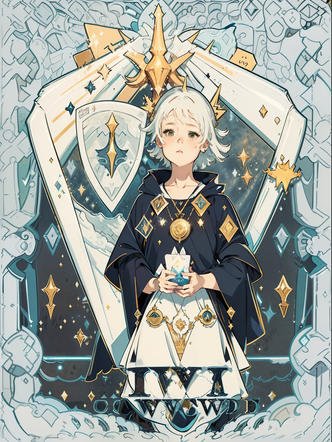 Tarot cards come to life, qualidade perfeita, Finura ultra-alta, Beautiful illustrations, mystery style, Card Pattern, Incorpore cores e texturas vivas, Elementos misteriosos, Bright starry sky, Simbolismo profundo, detalhes requintados, A magical future, An exciting interpretation of the destination。