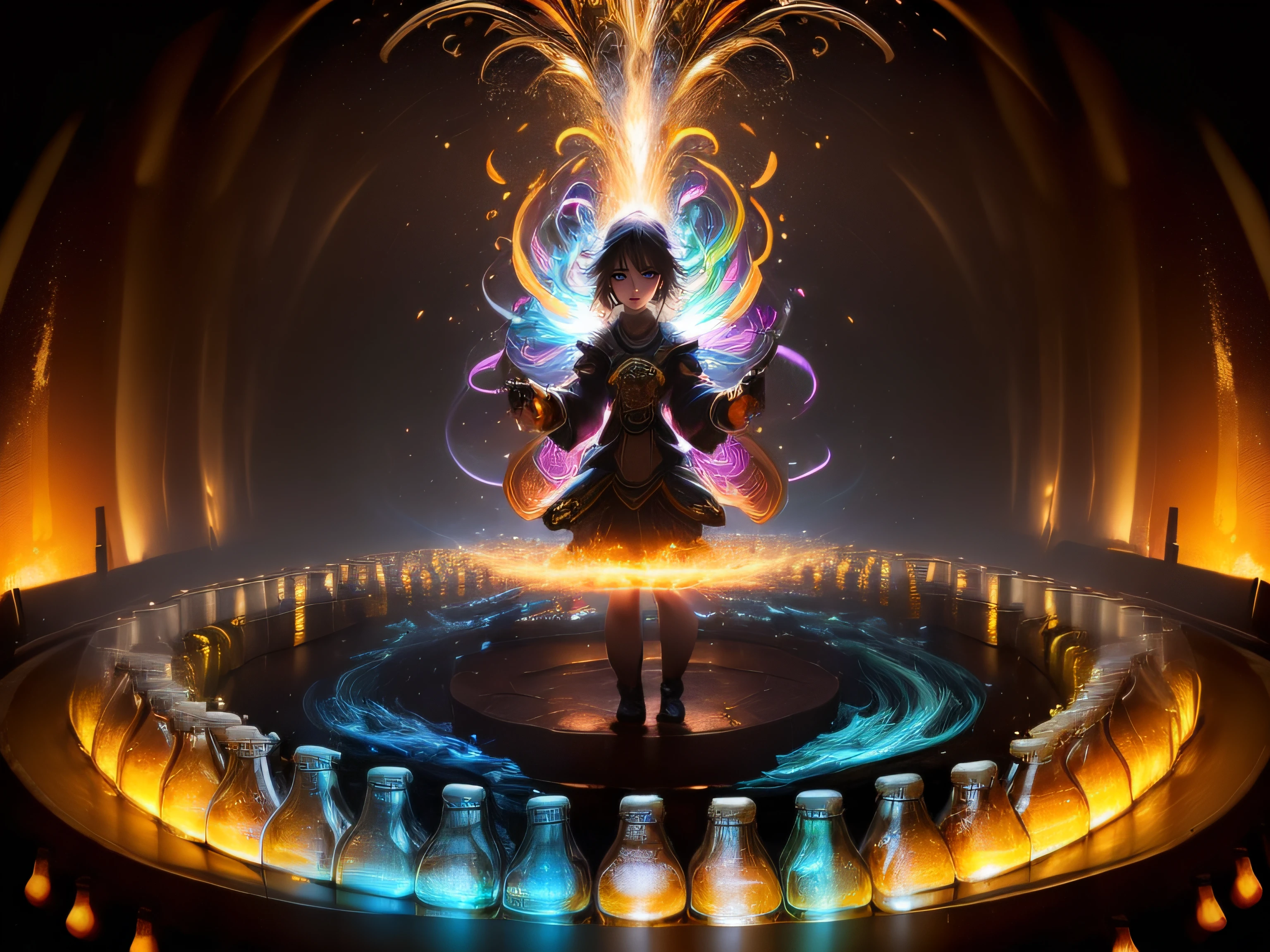 (masterpiece, best quality:1.4), light painting, (long exposure:1.2),dynamic streaks, luminous trails, vibrant colors, fluid movement, captivating patterns, creative experimentation,(1girl),(highest detailed), making potion, alchemy setting, in laboratory, (beer bottles:1.5)