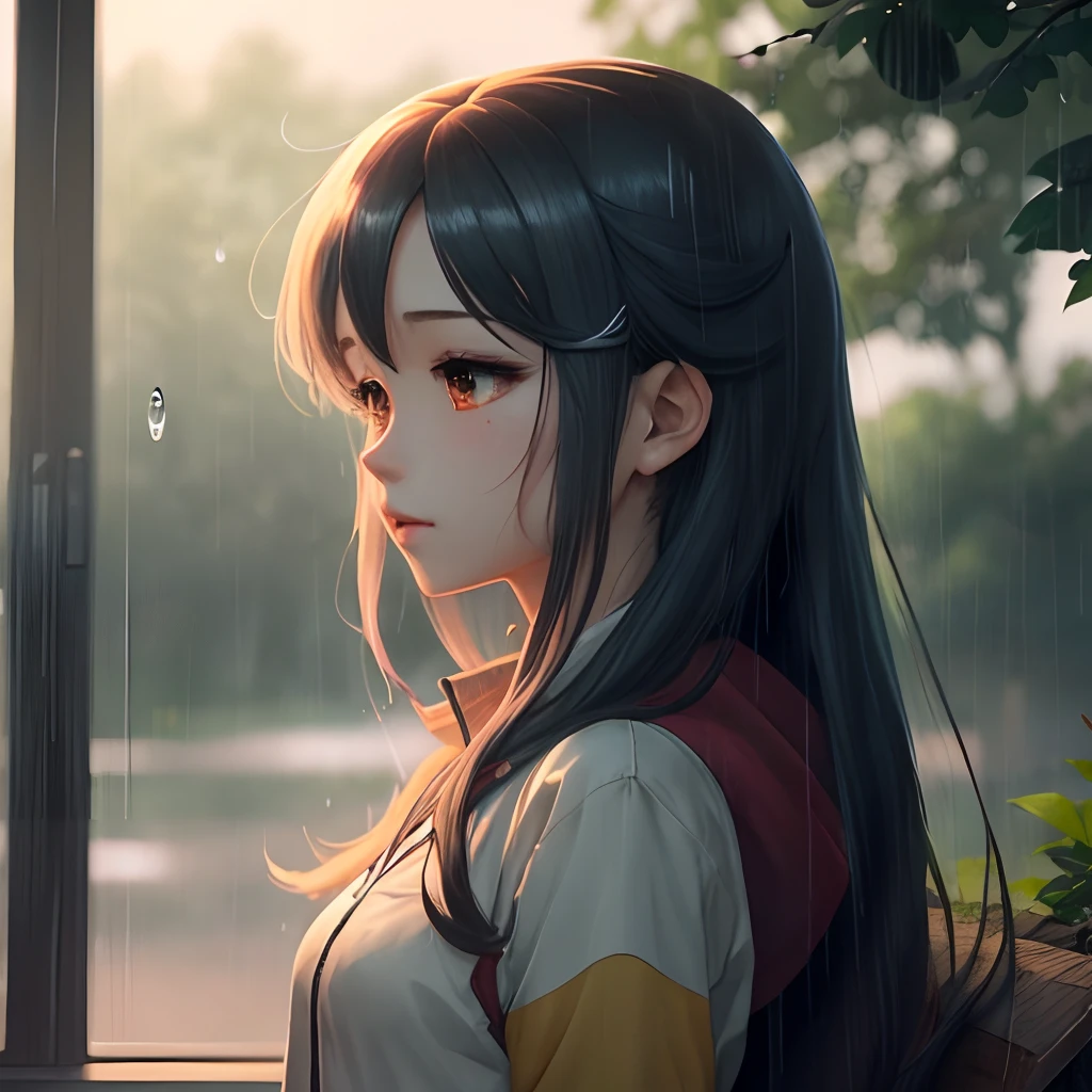 Anime girl with long hair and Ethereum in her hair, beautiful anime artwork, style of anime4 K, anime art wallpaper 4k,rainy day,windows,the woods,rain drops