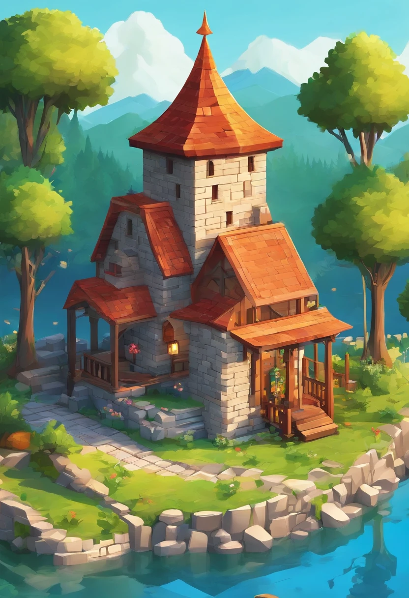 Small house behind the lake, best quality, fantasy, isometric, knolling style of (miniature brick round tower:1.2), tree, stone wall, (simple background:1.2)
