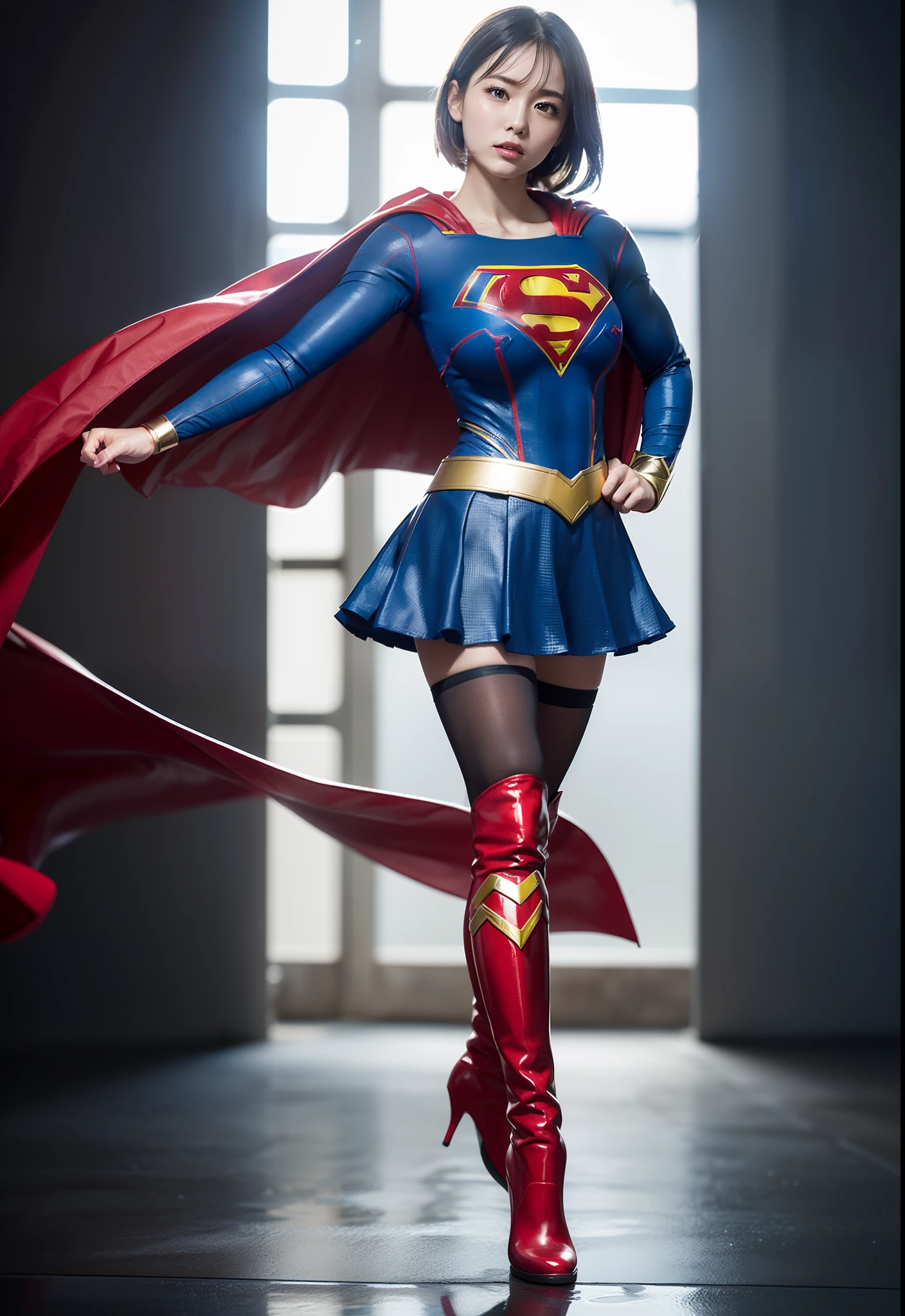 (((Make the most of the original image)))、(((Supergirl Costume)))、(((lustrous dark hair)))、(((Suffering)))、(((Feet must necessarily be worn with black tights)))、(((You need to wear red boots)))、((Top image quality、8K))、((top-quality、8K、masterpiece:1.3))、Crisp focus:1.2、Beautiful woman with perfect body shape:1.4、Slender Abs:1.2、((layers-Cut、large boob:1.2))、a wet body:1.5、Highly detailed facial and skin texture、