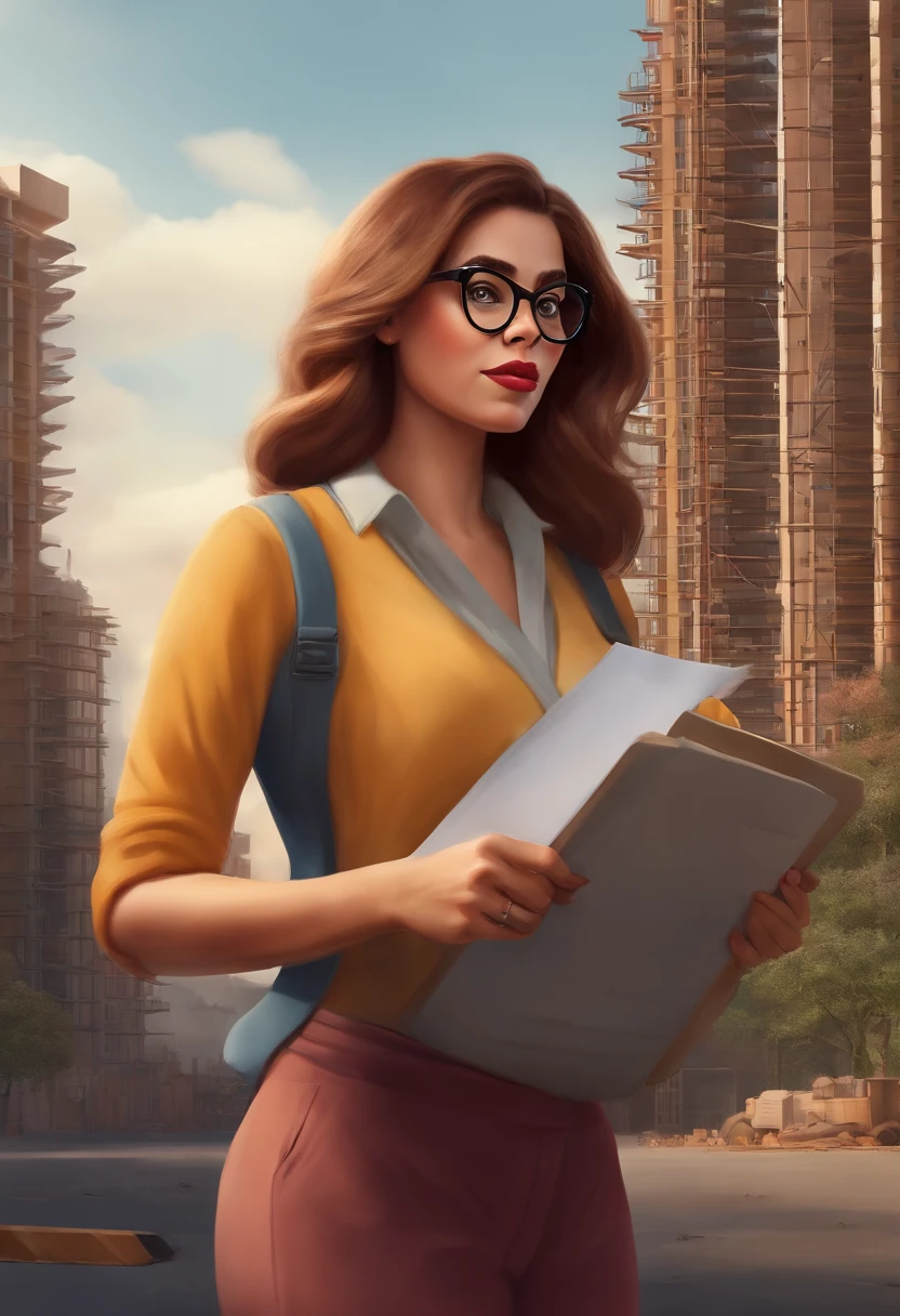 Make a woman with glasses,
She has a clipboard in her hand looking at a construction site in the condominium where she is a trustee,
Tipo de desenho Disney,
She's worried about the work,
Pixar, 3D, Disney