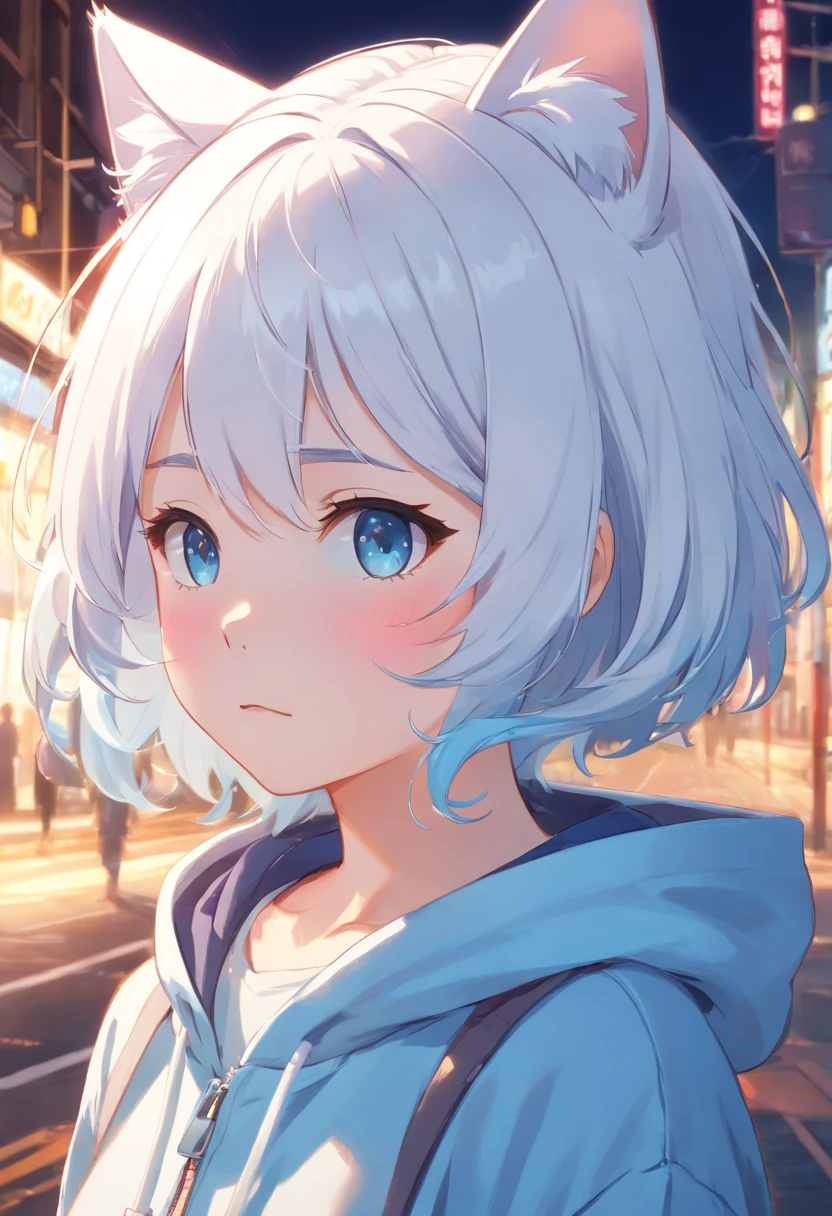 white hair, blue highlights, wavy white hair, porcelain skin, closed eyes, light blue cat hoods, light blue sweatshirt, girl, cute anime girl, looking at viewer, masterpiece, high quality