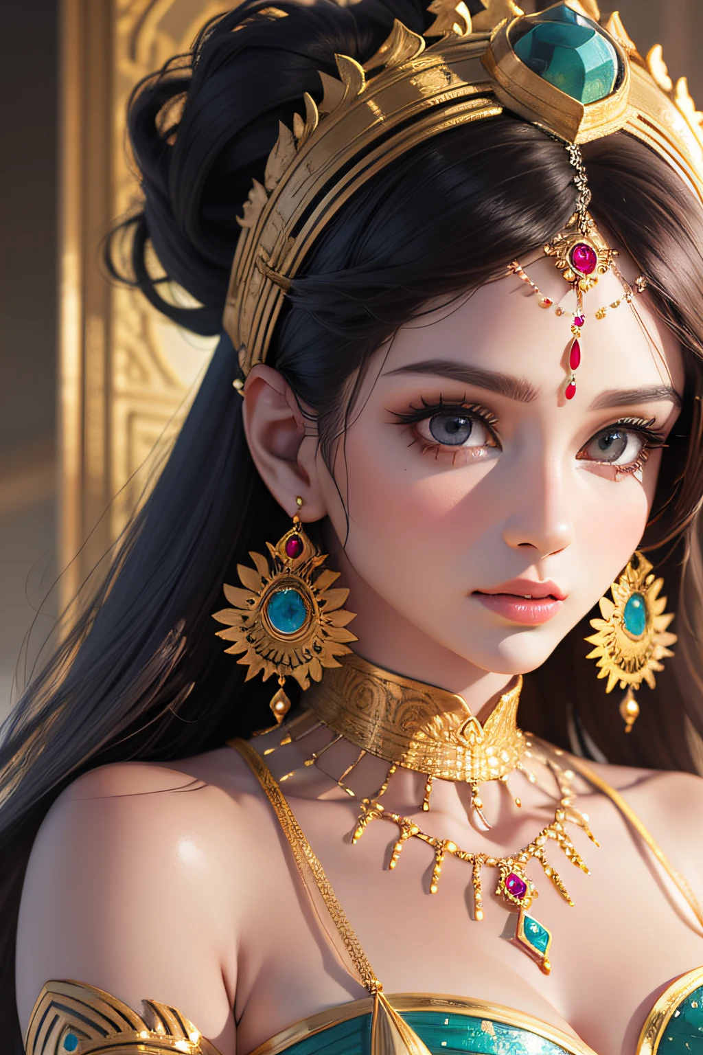 a woman in a traditional indian dress with a necklace and earrings, indian goddess of wealth, indian goddess, hindu aesthetic, detailed beautiful portrait, indian girl with brown skin, beautiful fantasy art portrait, beautiful fantasy portrait, 3 d goddess portrait, very detailed beautiful face, very detailed and beautiful face, beauty woman with detailed faces, golden jewellery, realistic cute girl painting