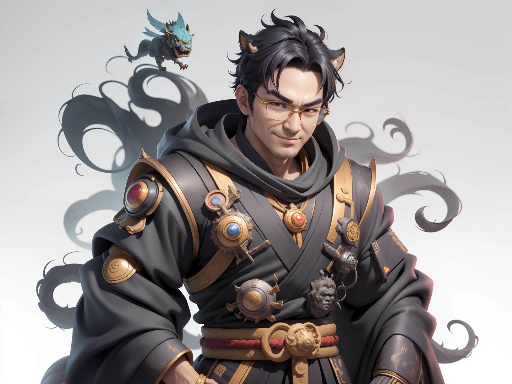 (Masterpiece), (Excellent), (Super Meticulous), (Full Body: 1.2), Super Young Man with Japanese Female Geisha, Pretty, Beautiful, Chinese Dragon, Tiger, Wind God Thor, Sexy, Bursting, Oriental Face, TV Anchor, Bust Portrait Illustration, Black Suit, Blue Tie, Slightly Chubby Face, Silver Glasses, Very Clean Face, No Beard on Chin, Black Super Short Hair, Black Eyes, Confident Smile, 3c Computer Sub-Products, iPad, iPhone, Digital Painting, 3D character design by Mark Clairedon and Pixar and Hayao Miyazaki and Akira Toriyama, the illustrations are HD illustrations in 4K resolution with highly detailed facial features and cartoon-style visuals.