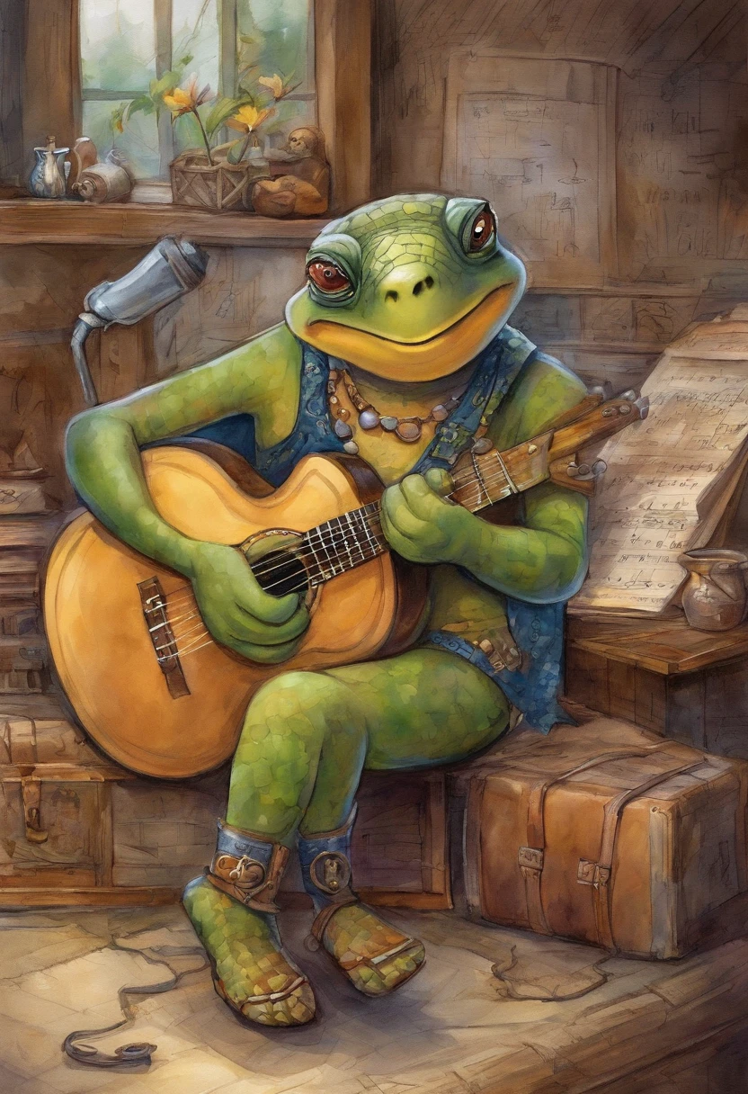 Manhwa Style，anthropomorphic turtle，o cachorrinho，Rock puppy，Trendy clothing，wears dark glasses，plays the guitar，Madness，Fluttering musical symbols，ball room，lamplight，Spotlights，8K，super-fine，full bodyesbian，best qualtiy，独奏