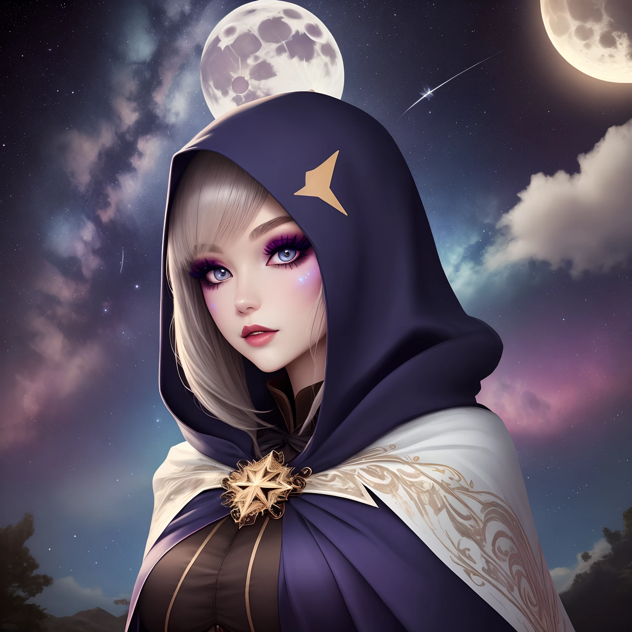 Cloaked in a cape with a moon and stars motif, reminiscent of a night sky. Her makeup includes a celestial look with glittering stars. Anime