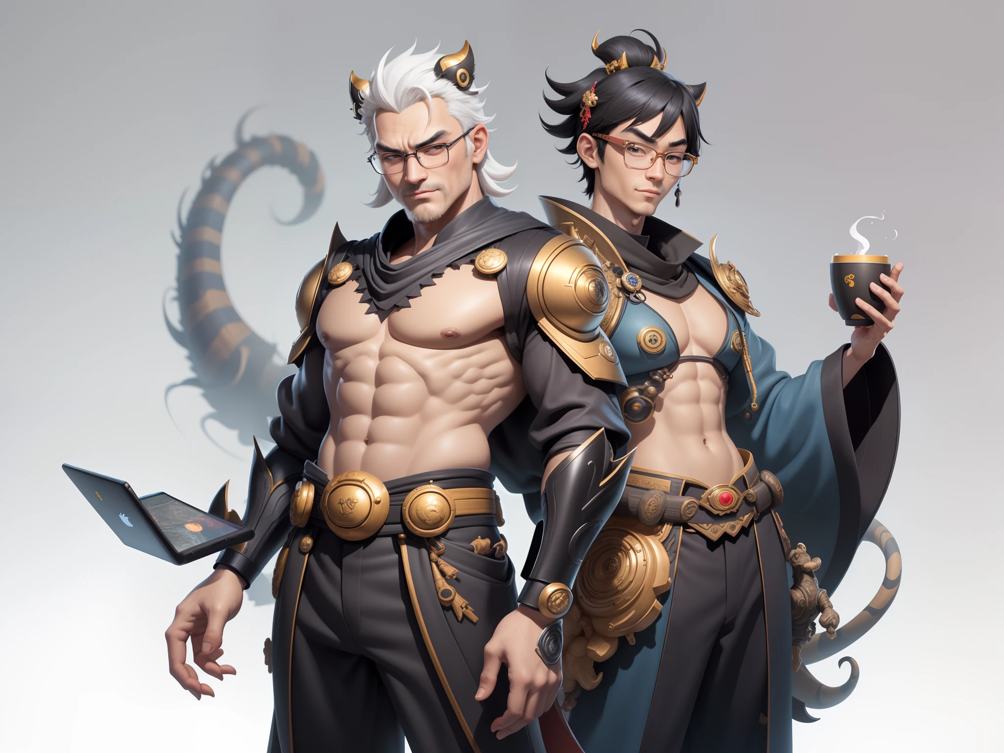 (Masterpiece), (Excellent), (Super Meticulous), (Full Body: 1.2), Super Young Man with Japanese Female Geisha, Pretty, Beautiful, Chinese Dragon, Tiger, Wind God Thor, Sexy, Bursting, Oriental Face, TV Anchor, Bust Portrait Illustration, Black Suit, Blue Tie, Slightly Chubby Face, Silver Glasses, Very Clean Face, No Beard on Chin, Black Super Short Hair, Black Eyes, Confident Smile, 3c Computer Sub-Products, iPad, iPhone, Digital Painting, 3D character design by Mark Clairedon and Pixar and Hayao Miyazaki and Akira Toriyama, the illustrations are HD illustrations in 4K resolution with highly detailed facial features and cartoon-style visuals.