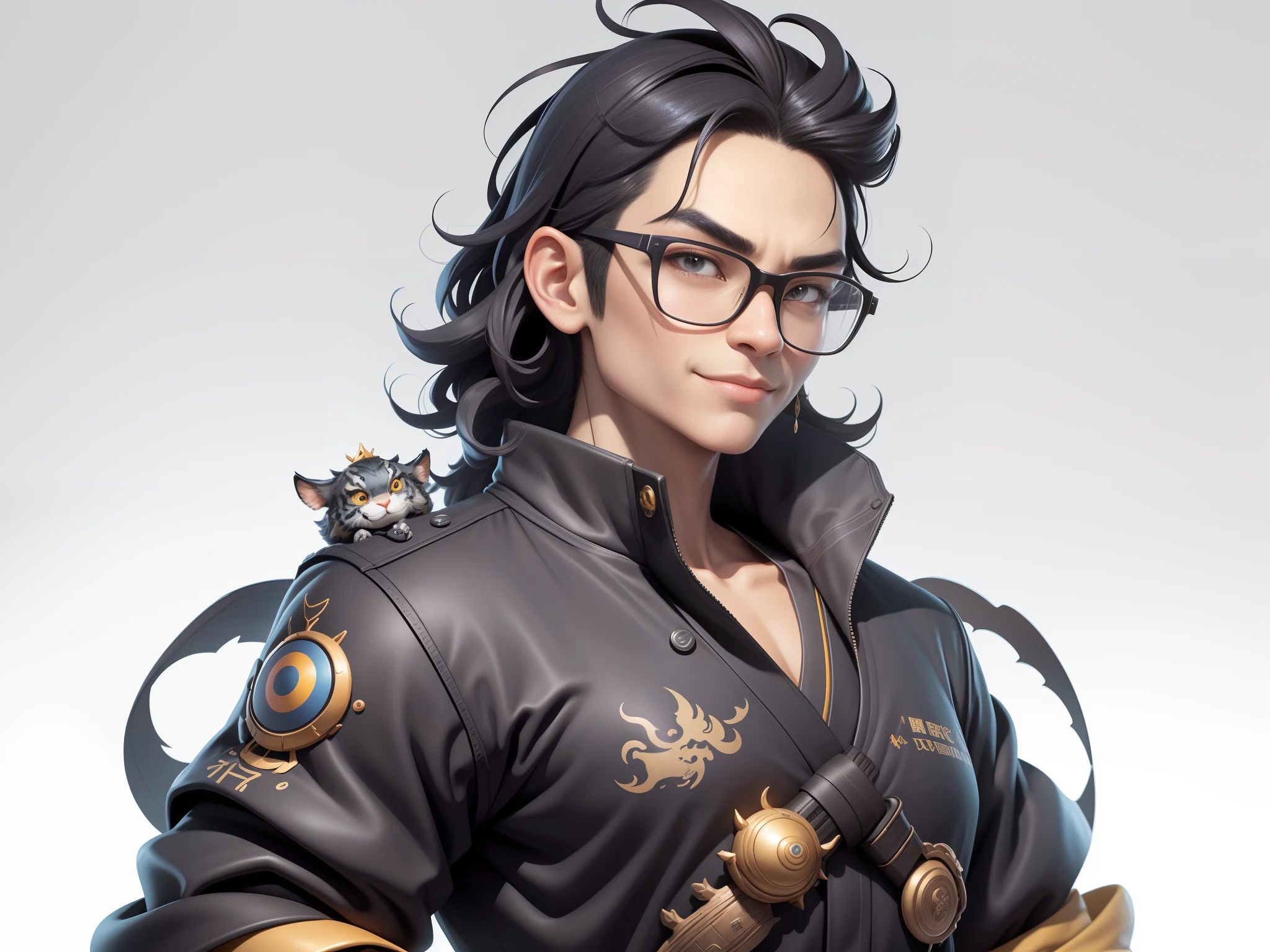 (Masterpiece), (Excellent), (Super Meticulous), (Full Body: 1.2), Super Young Man with Japanese Female Geisha, Pretty, Beautiful, Chinese Dragon, Tiger, Wind God Thor, Sexy, Bursting, Oriental Face, TV Anchor, Bust Portrait Illustration, Black Suit, Blue Tie, Slightly Chubby Face, Silver Glasses, Very Clean Face, No Beard on Chin, Black Super Short Hair, Black Eyes, Confident Smile, 3c Computer Sub-Products, iPad, iPhone, Digital Painting, 3D character design by Mark Clairedon and Pixar and Hayao Miyazaki and Akira Toriyama, the illustrations are HD illustrations in 4K resolution with highly detailed facial features and cartoon-style visuals.