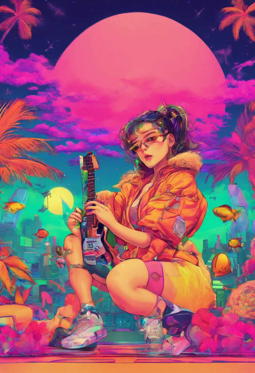 Manhwa Style,anthropomorphic turtle,o cachorrinho,Rock puppy,Trendy clothing,wears dark glasses,plays the guitar,Madness,Crazy twisting body,Fluttering musical symbols,ball room,lamplight,Spotlights,8K,super-fine,full bodyesbian,best qualtiy,独奏
