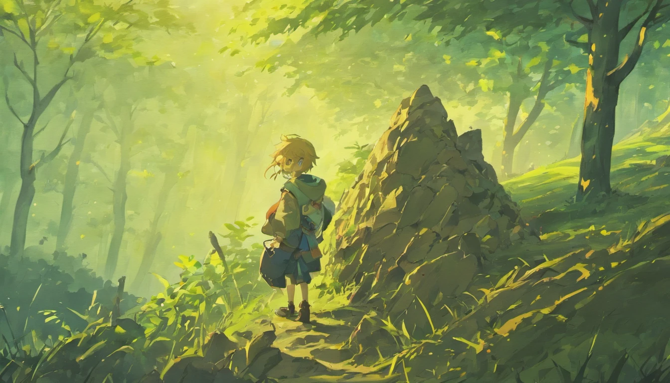 simple boy on top of a hill with an ax and a pile of wood beside