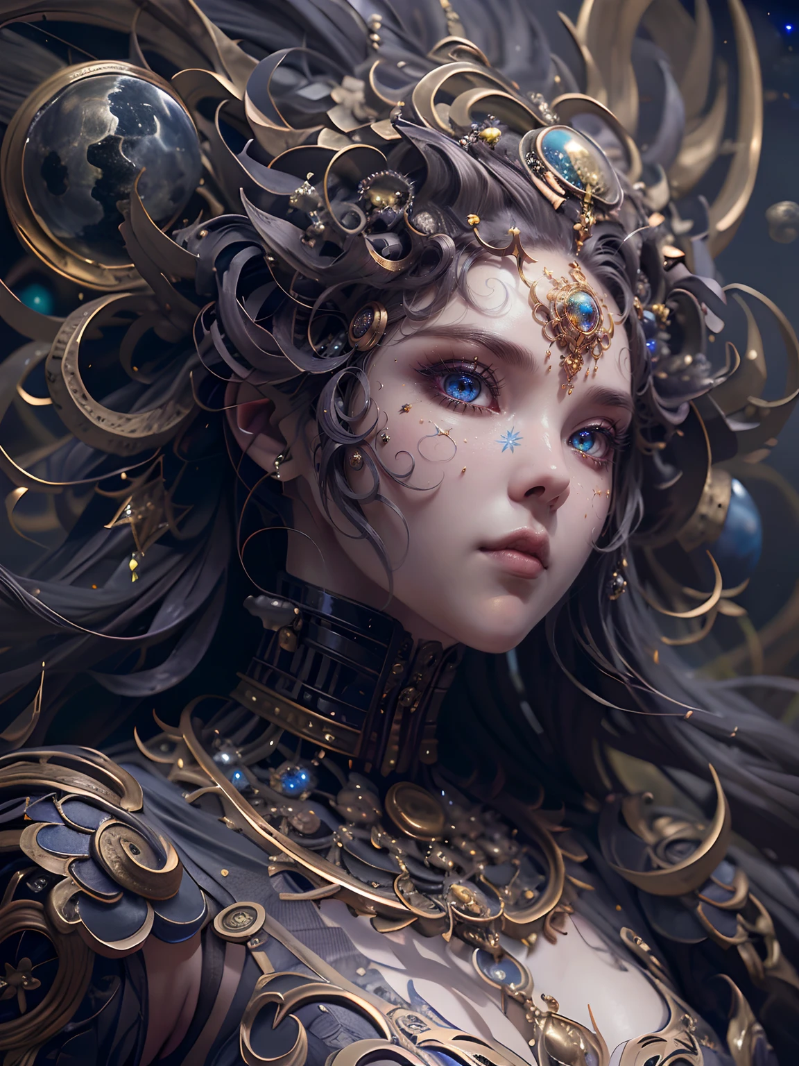 (best qualtiy,ultra - detailed,Most Best Illustration,Best shadow,tmasterpiece,A high resolution,professionalartwork,famousartwork),Detailed eyes,beautidful eyes,closeup cleavage,sci-fy,colored sclera,Robot eyes,face markings,Tattooed with,(fractalized,Fractal eyes),largeeyes,Wide eyes,(Eye focus),sface focus,Cosmic eyes,Space eyes,Close-up of metal sculpture of a woman with a universe in her hair,goddes。extremly high detail,3 d goddess portrait,Extremely detailed footage of the goddess,a stunning portrait of a goddess,Side image of the goddess,portrait of a beautiful goddess,Full body close-up portrait of the goddess,hecate goddess,portrait of a norse universe goddess,goddess of space and time