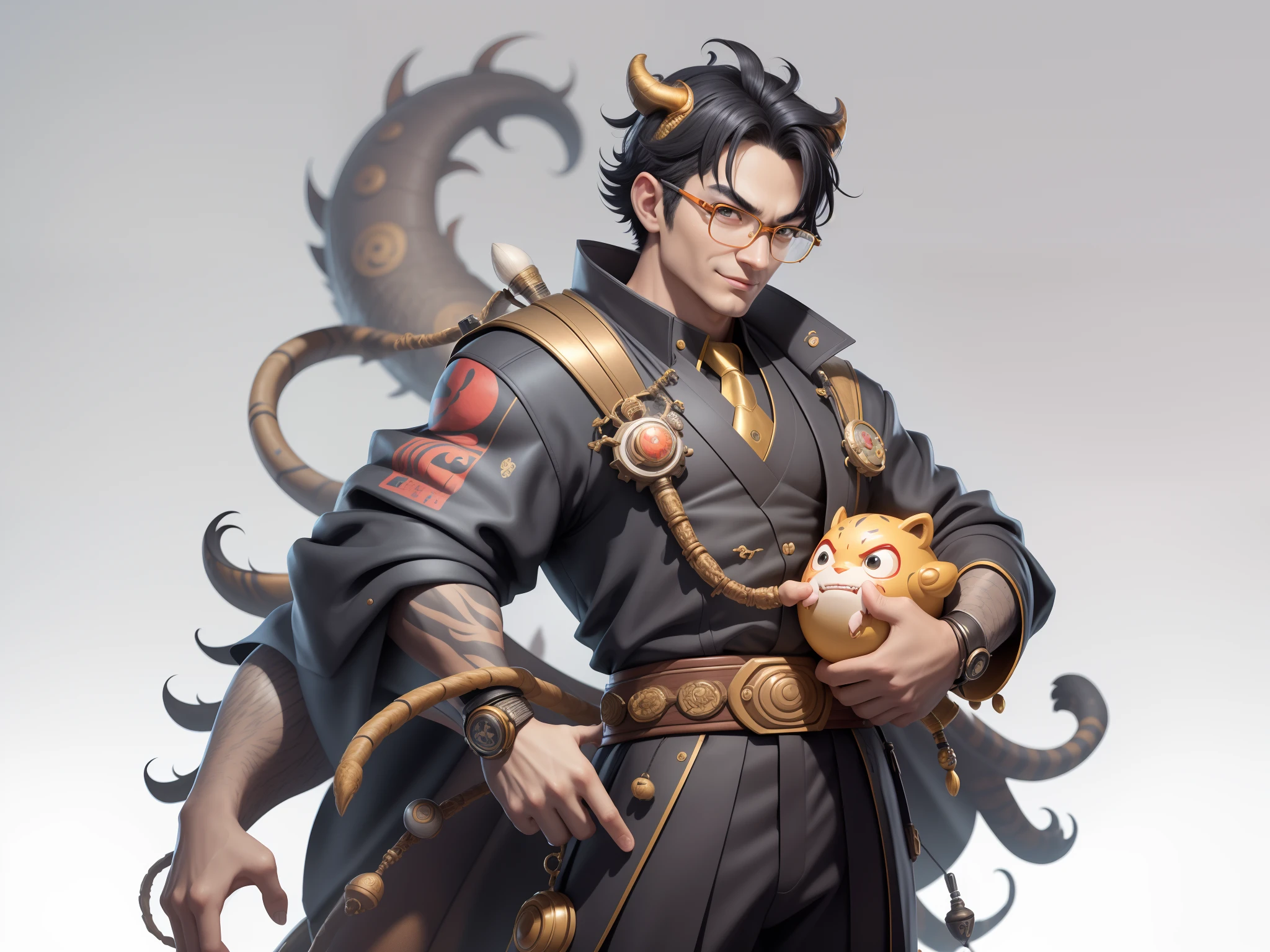 Young man with oriental face in leather hat, dragon, formal suit, short black hair, silver glasses, digital painting, 3D character design by Mark Clairedon and Pixar and Hayao Miyazaki and Akira Toriyama, the illustration is a high-definition illustration in 4K resolution with very detailed facial features and cartoon-style visuals.