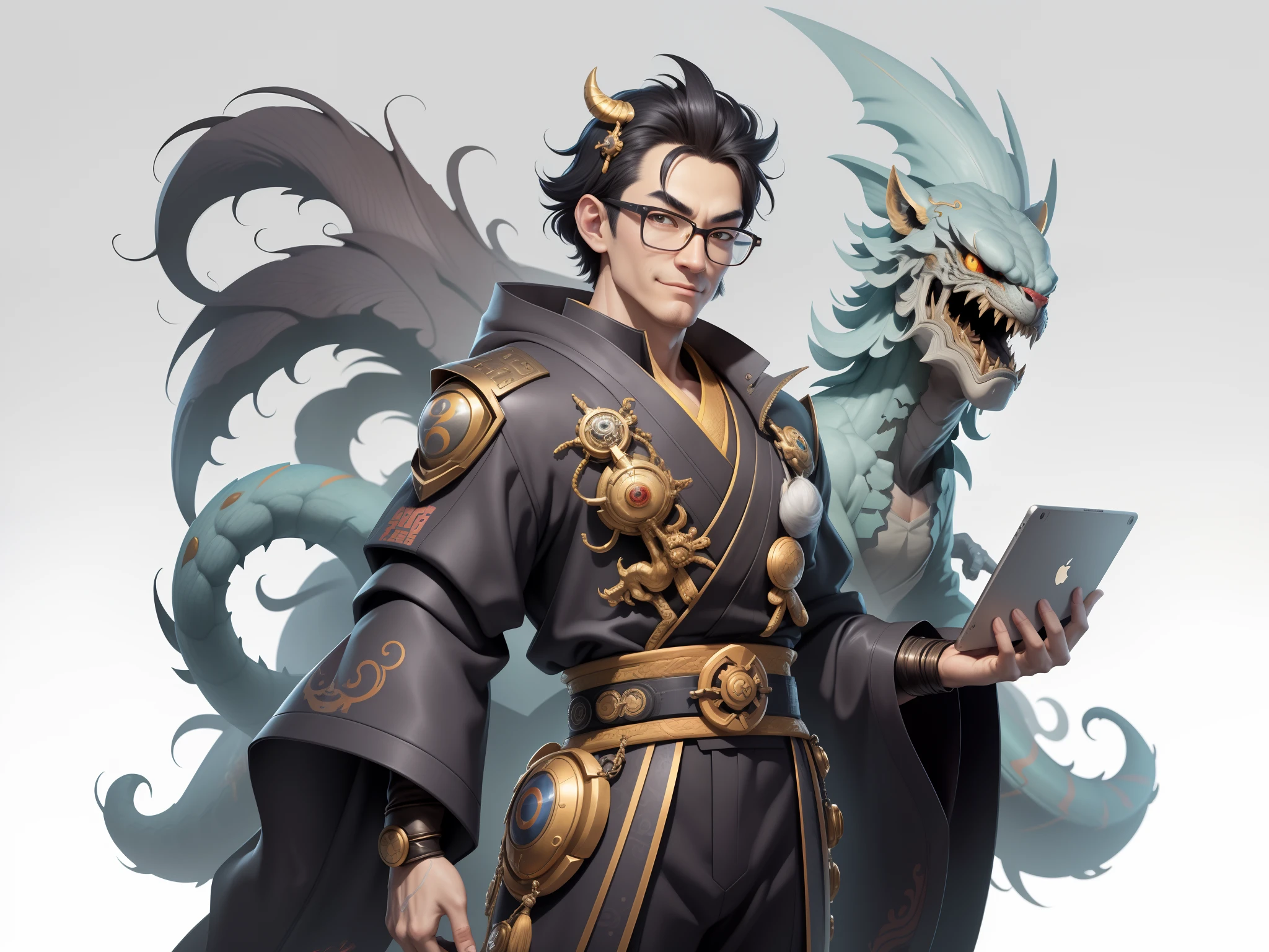 (Masterpiece), (Excellent), (Super Meticulous), (Full Body: 1.2), Super Young Man with Japanese Female Geisha, Pretty, Beautiful, Chinese Dragon, Tiger, Wind God Thor, Sexy, Bursting, Oriental Face, TV Anchor, Bust Portrait Illustration, Black Suit, Blue Tie, Slightly Chubby Face, Silver Glasses, Very Clean Face, No Beard on Chin, Black Super Short Hair, Black Eyes, Confident Smile, 3c Computer Sub-Products, iPad, iPhone, Digital Painting, 3D character design by Mark Clairedon and Pixar and Hayao Miyazaki and Akira Toriyama, the illustrations are HD illustrations in 4K resolution with highly detailed facial features and cartoon-style visuals.