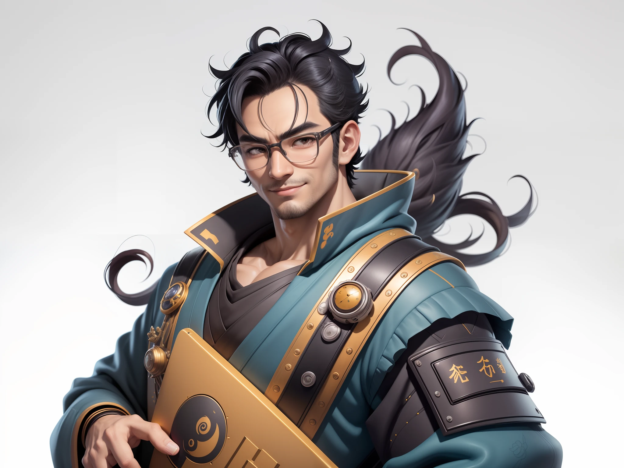 (Masterpiece), (Excellent), (Super Meticulous), (Full Body: 1.2), Super Young Man with Japanese Female Geisha, Pretty, Beautiful, Chinese Dragon, Tiger, Wind God Thor, Sexy, Bursting, Oriental Face, TV Anchor, Bust Portrait Illustration, Black Suit, Blue Tie, Slightly Chubby Face, Silver Glasses, Very Clean Face, No Beard on Chin, Black Super Short Hair, Black Eyes, Confident Smile, 3c Computer Sub-Products, iPad, iPhone, Digital Painting, 3D character design by Mark Clairedon and Pixar and Hayao Miyazaki and Akira Toriyama, the illustrations are HD illustrations in 4K resolution with highly detailed facial features and cartoon-style visuals.
