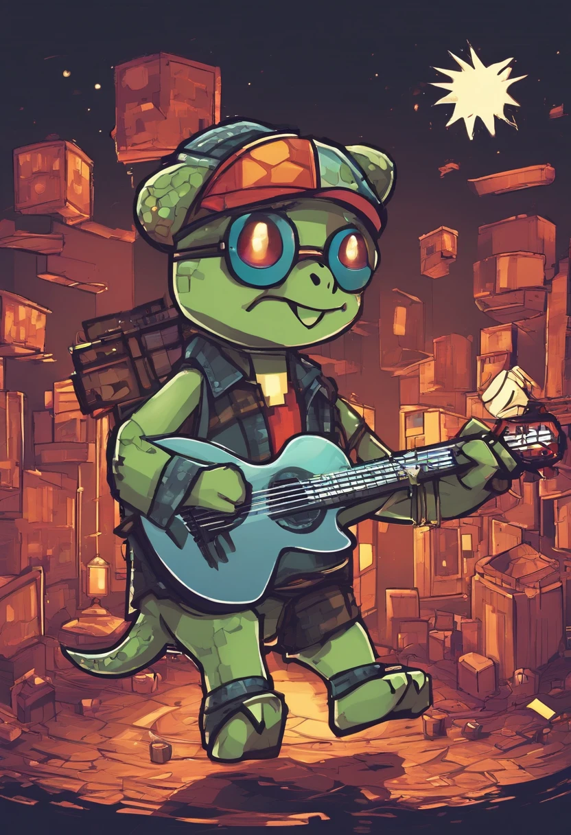 Manhwa Style,anthropomorphic turtle,o cachorrinho,Rock puppy,Trendy clothing,wears dark glasses,plays the guitar,Madness,Fluttering musical symbols,ball room,lamplight,Spotlights,8K,super-fine,full bodyesbian,best qualtiy,独奏