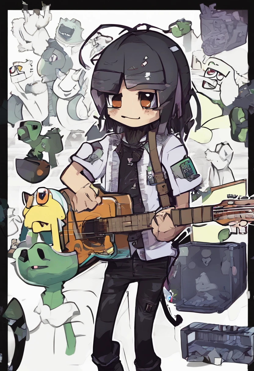 Manhwa Style，anthropomorphic turtle，o cachorrinho，Rock puppy，Trendy clothing，wears dark glasses，plays the guitar，Madness，Fluttering musical symbols，ball room，lamplight，Spotlights，8K，super-fine，full bodyesbian，best qualtiy，独奏