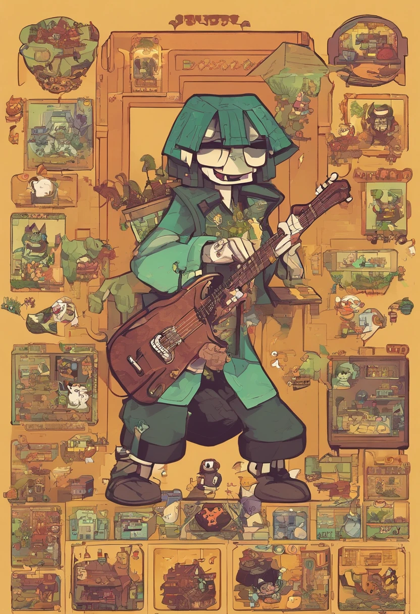 Manhwa Style,anthropomorphic turtle,o cachorrinho,Rock puppy,Trendy clothing,wears dark glasses,plays the guitar,Madness,Fluttering musical symbols,ball room,lamplight,Spotlights,8K,super-fine,full bodyesbian,best qualtiy,独奏