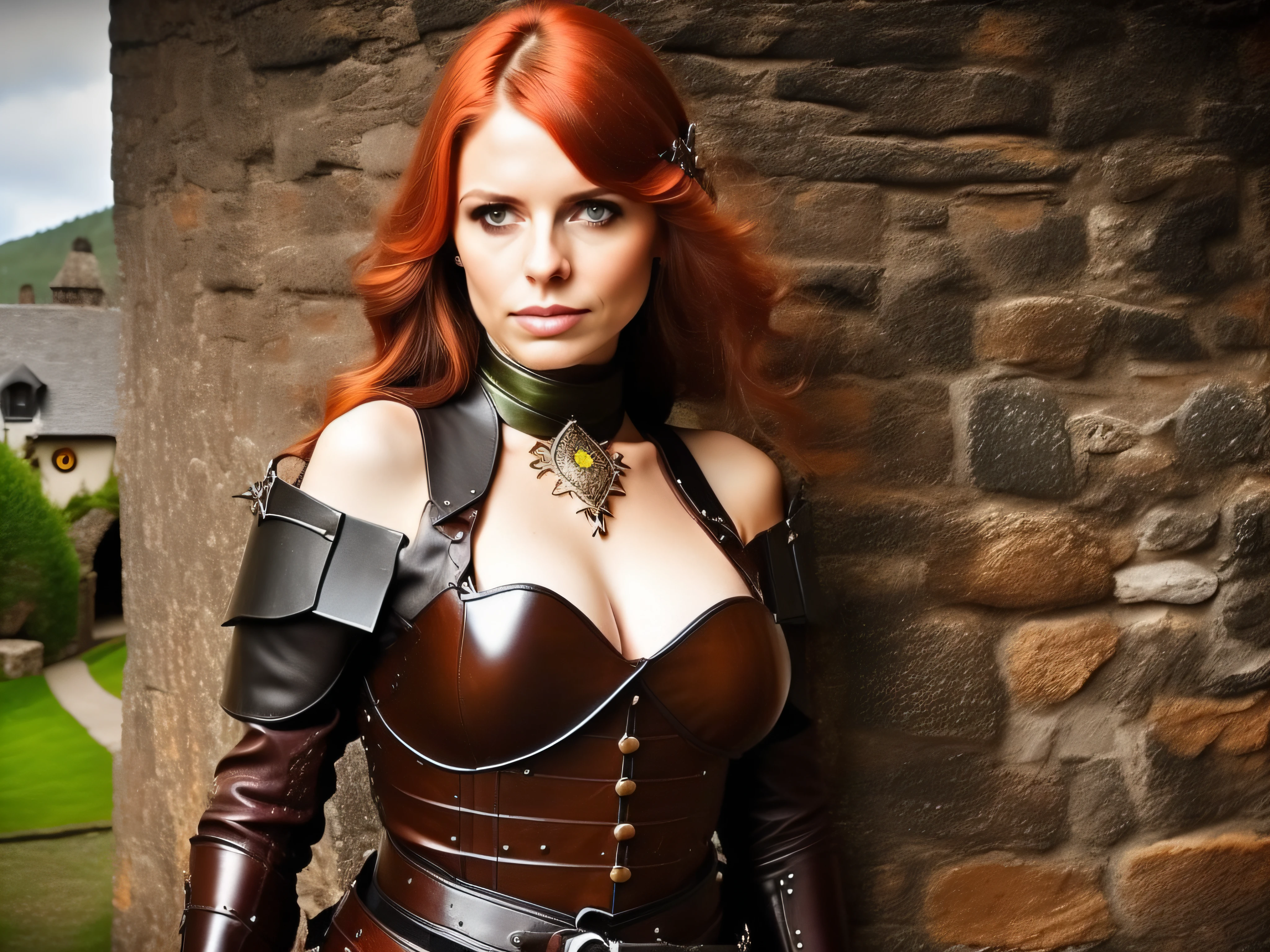 1 one only a sexy young mercenary killer girl very strong muscular with big breasts hard and firm look of evil perversity;;; close-up in the face;;; fully body in the image;;; big sharp green eyes;; short chanel style hazel hair; carrying knife and dagger in the waist;;; wearing a medieval hunter outfit made of leather;;; on top of a mountain;; below a village with medieval houses and trees;;; white and orange clouds;;; sunshine day;;; high definition;;;(F/50mm;;; (1/25 speed;;; (ISO100;;; 12K full HD image;; diffuse white light;;; RAW photo