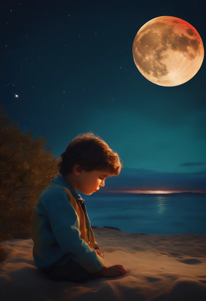 sad boy looking at a big bright moon