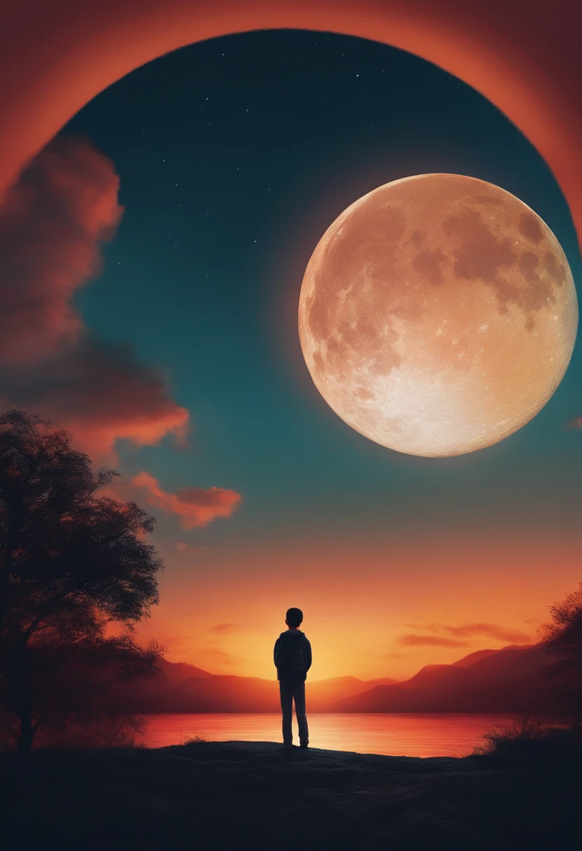 sad boy looking at a big bright moon