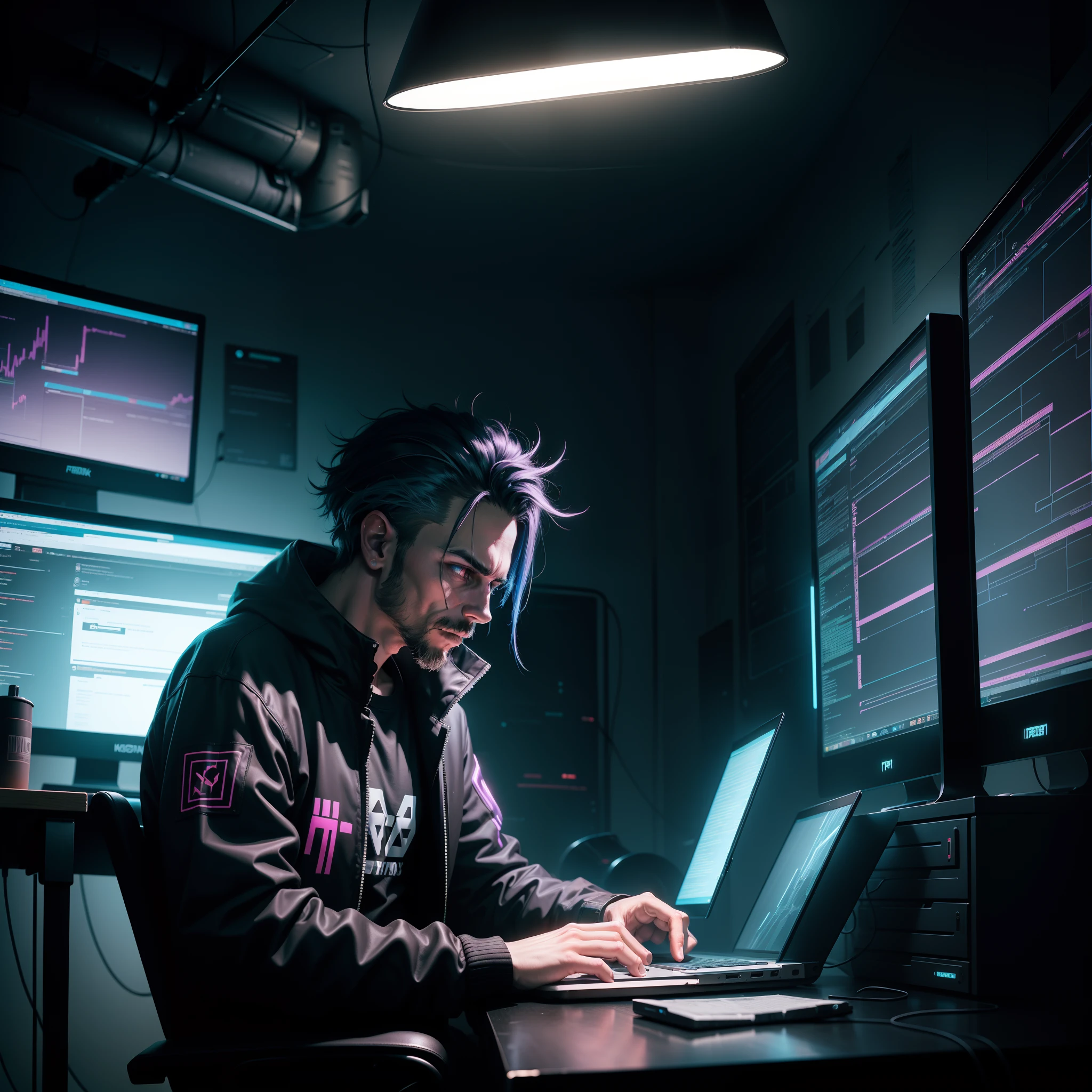 a man in a cyberpunk room working on Laptop cyberpark fucherstick and dark theme