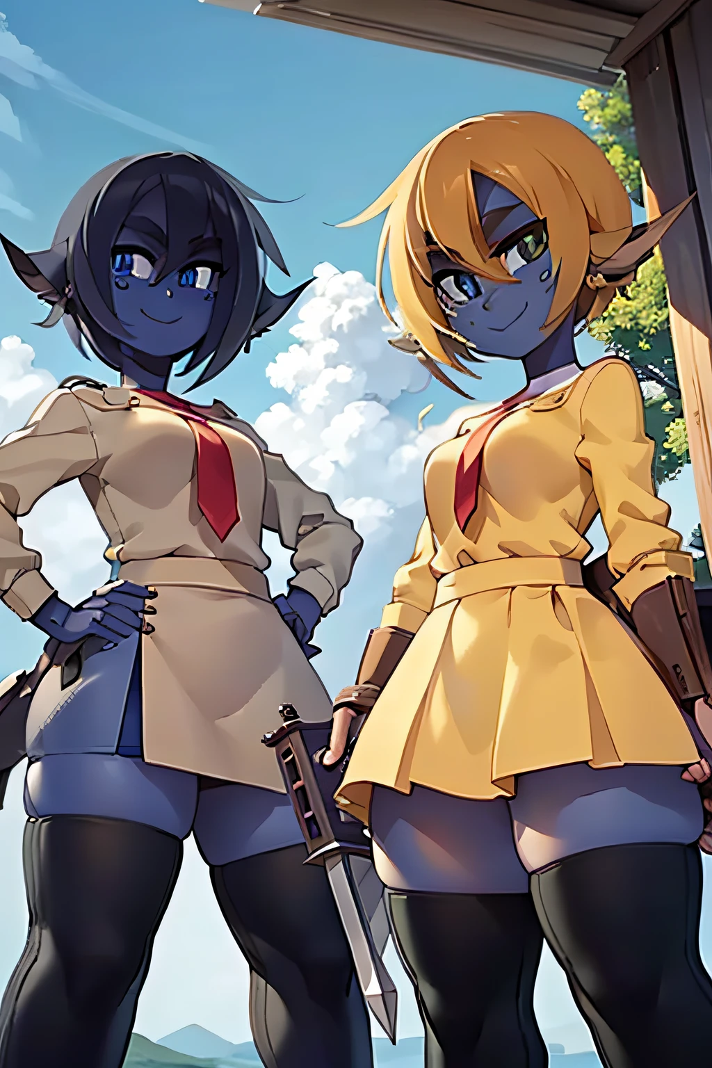 2girl, yellow skin, Masterpiece, Best Quality, Short hair, (tail), Smile, standing, pov below, watching from above, weapon in hands, sword in hands, gun in hands