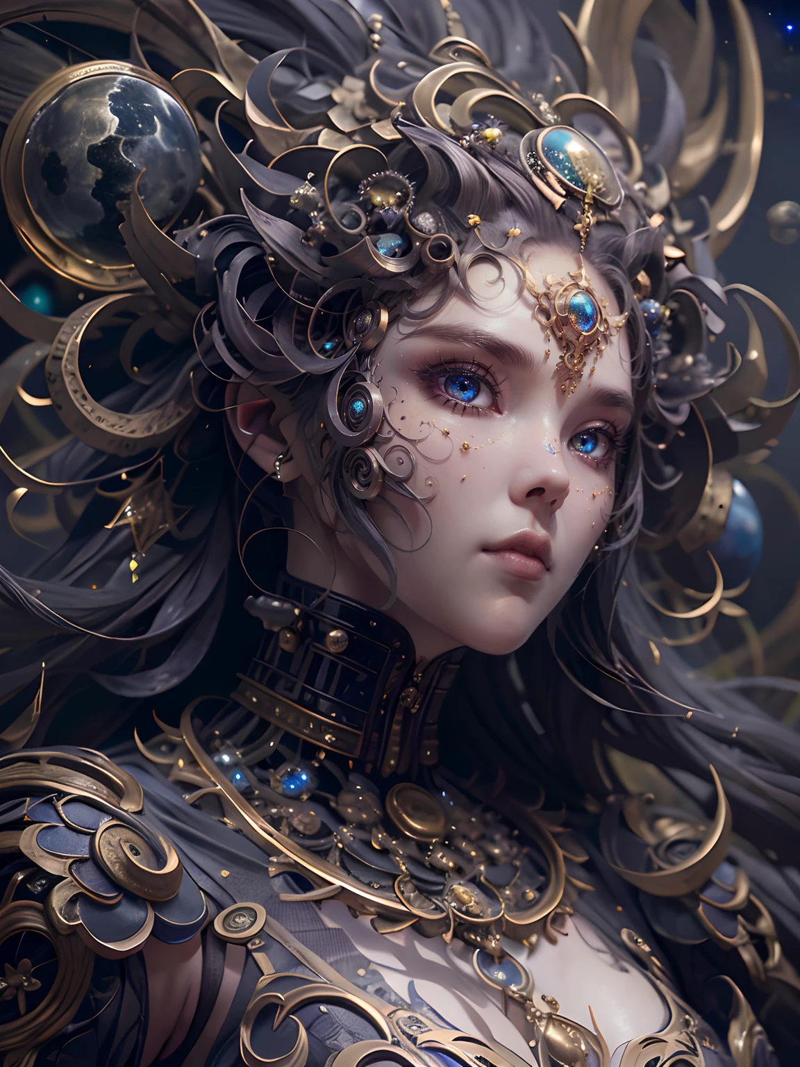 （best qualtiy，ultra - detailed，Most Best Illustration，Best shadow，tmasterpiece，A high resolution，professionalartwork，famousartwork），Detailed eyes，beautidful eyes，closeup cleavage，sci-fy，colored sclera，Robot eyes，face markings，Tattooed with，（fractalized，Fractal eyes），largeeyes，Wide eyes，（Eye focus），sface focus，Cosmic eyes，Space eyes，Close-up of metal sculpture of a woman with a moon in her hair，goddes。extremly high detail，3 d goddess portrait，Extremely detailed footage of the goddess，a stunning portrait of a goddess，Side image of the goddess，portrait of a beautiful goddess，Full body close-up portrait of the goddess，hecate goddess，portrait of a norse moon goddess，goddess of space and time