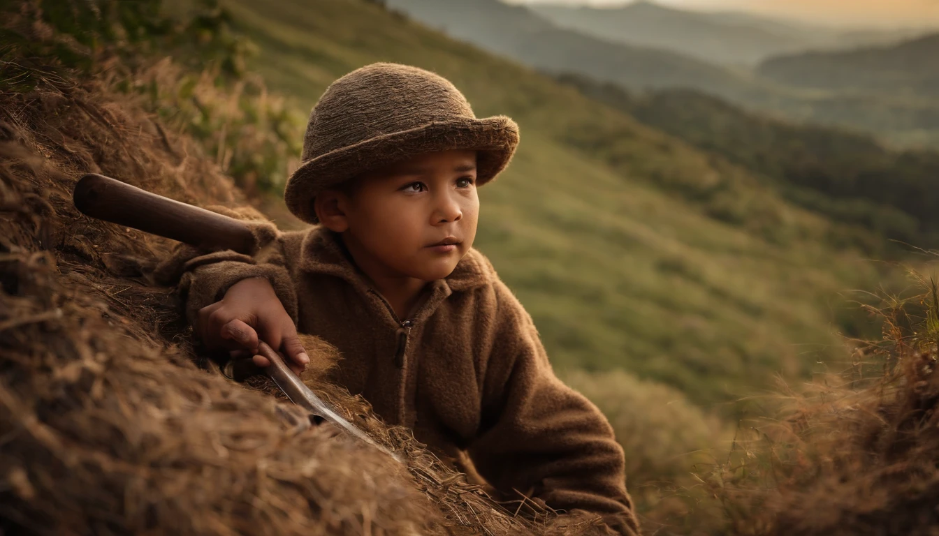 simple yong boy and you father on top of a hill with an ax and a pile of wood beside