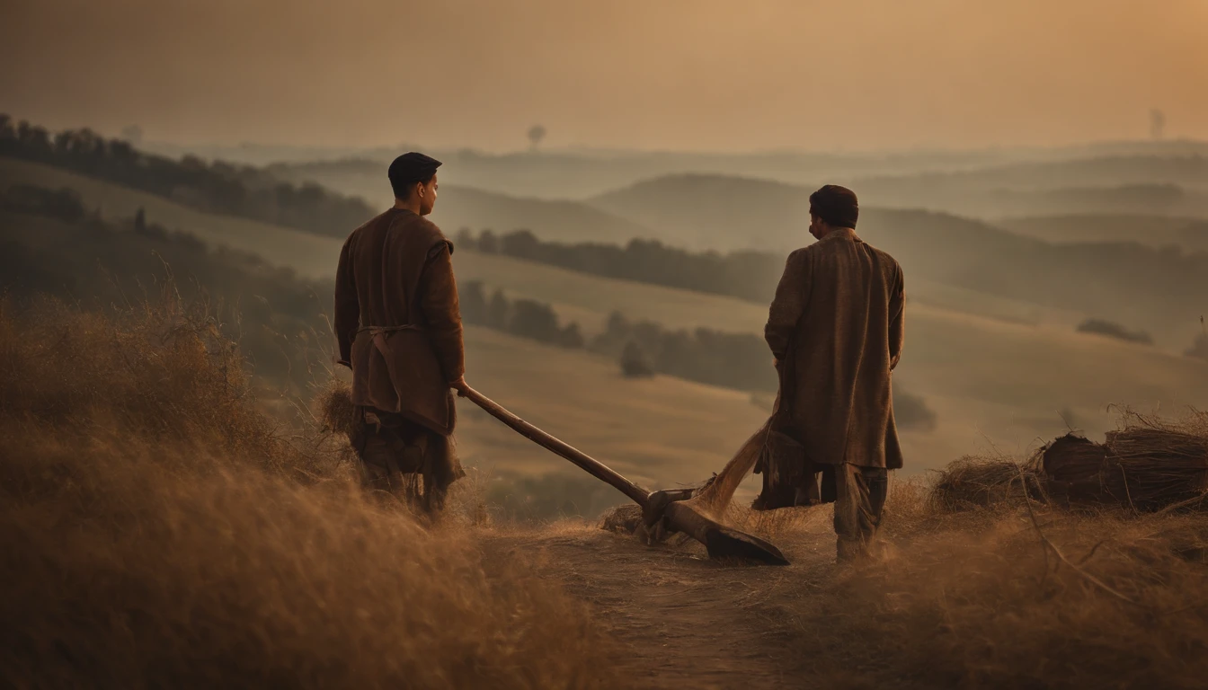 simple yong boy and you father on top of a hill with an ax and a pile of wood beside