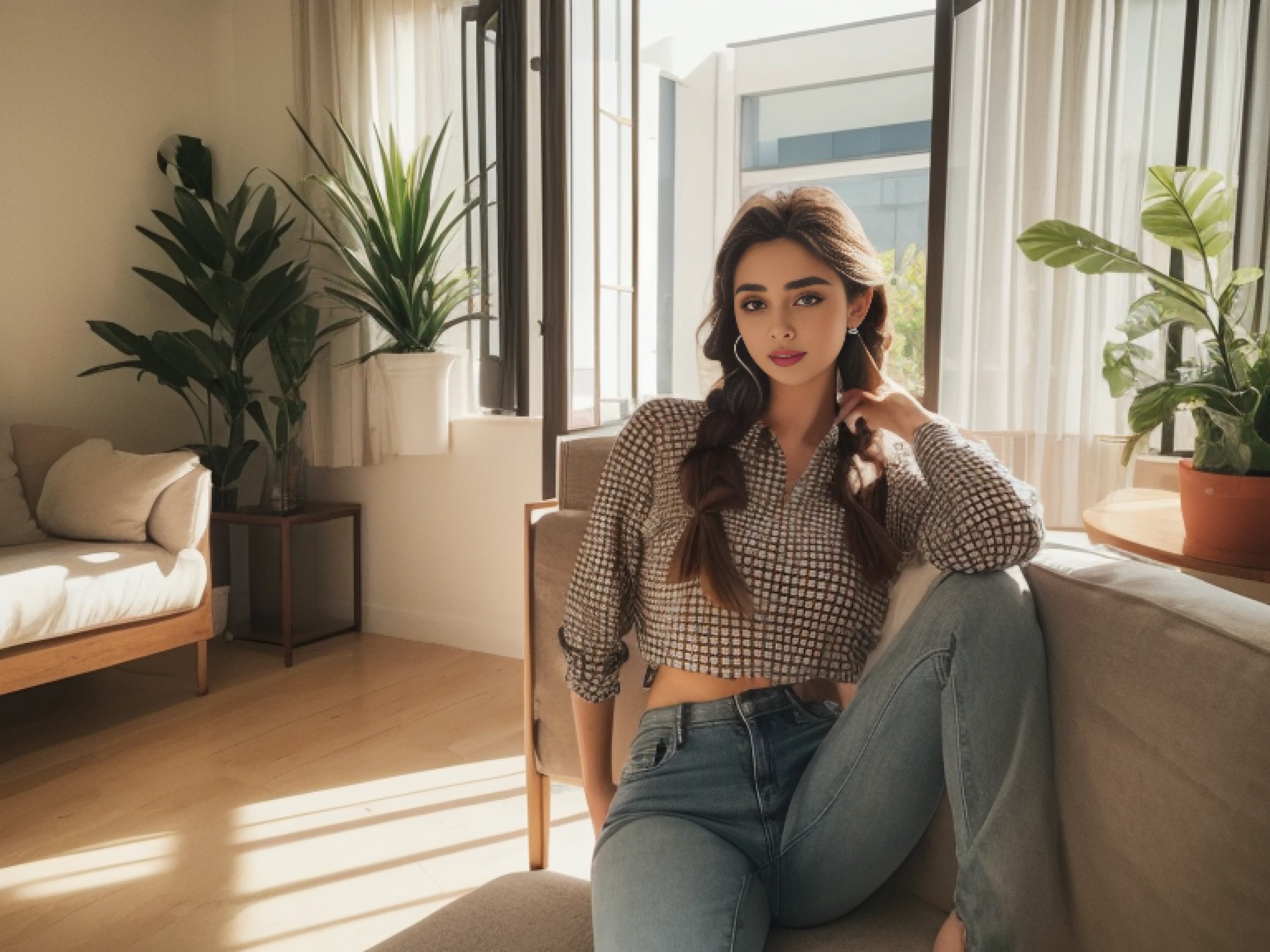((Realistic lighting, Best quality, 8K, Masterpiece: 1.3)), Clear focus: 1.2, 2girl, Perfect Figure: 1.4, Slim Abs: 1.1, (Dutch Braid Hairstyle)), (checkered shirt crop top and tight jean: 1.4), , , Super fine face, Fine eyes, Double eyelids, woman sittingposing for the camera in a sunny modern living room a portrait inspired by Gina Pellón, instagram, tachisme, violet myers, lorena avarez, olivia culpo, alanis guillen, looks like laura barriales, portrait sophie mudd, tanned ameera al taweel, beautiful mexican woman