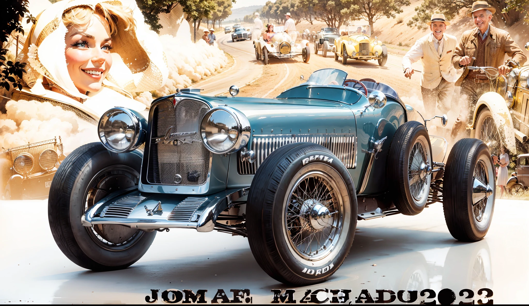 Beautiful vintage car in the foreground and smiling driver and other drivers with racing scenes in the background