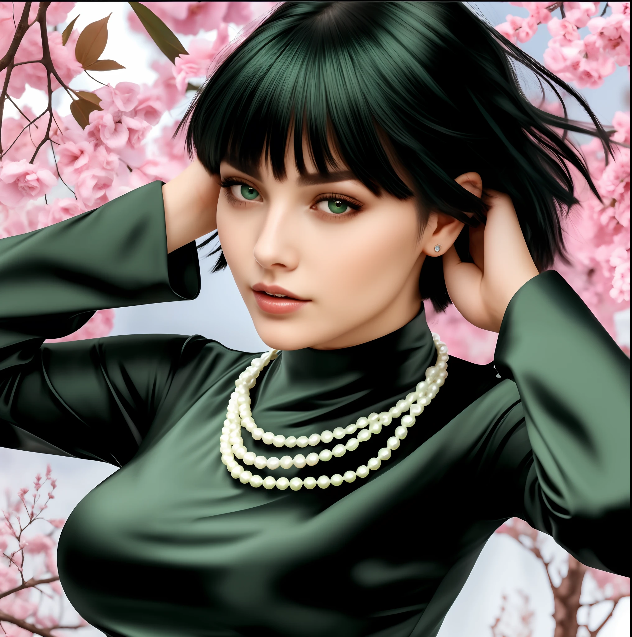 there is a woman with a white pearl necklace and a dark green dress, realistic, pretty woman with green eyes and pretty lips, hot looking, twenty three years old, short balck hair, moving her hands behind her head, 4k, 8k, hogh detailed, ultra realistic