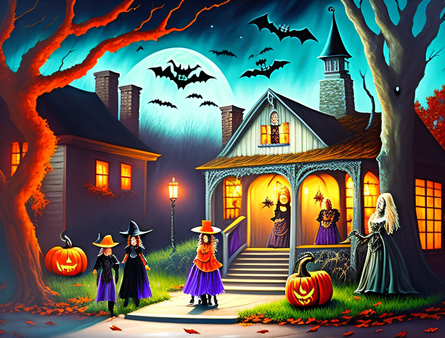 painting of a halloween scene with a witch and her family, halloween scene, haunted painting, by Melissa Benson, by Lennie Lee, trick or treat, by Elaine Hamilton, by Don Reichert, by Rob Alexander, halloween atmosphere, by Kristin Nelson, haunting and spooky, by Virginia Lee Burton, by Melissa A. Benson, halloween night, home wicca scene