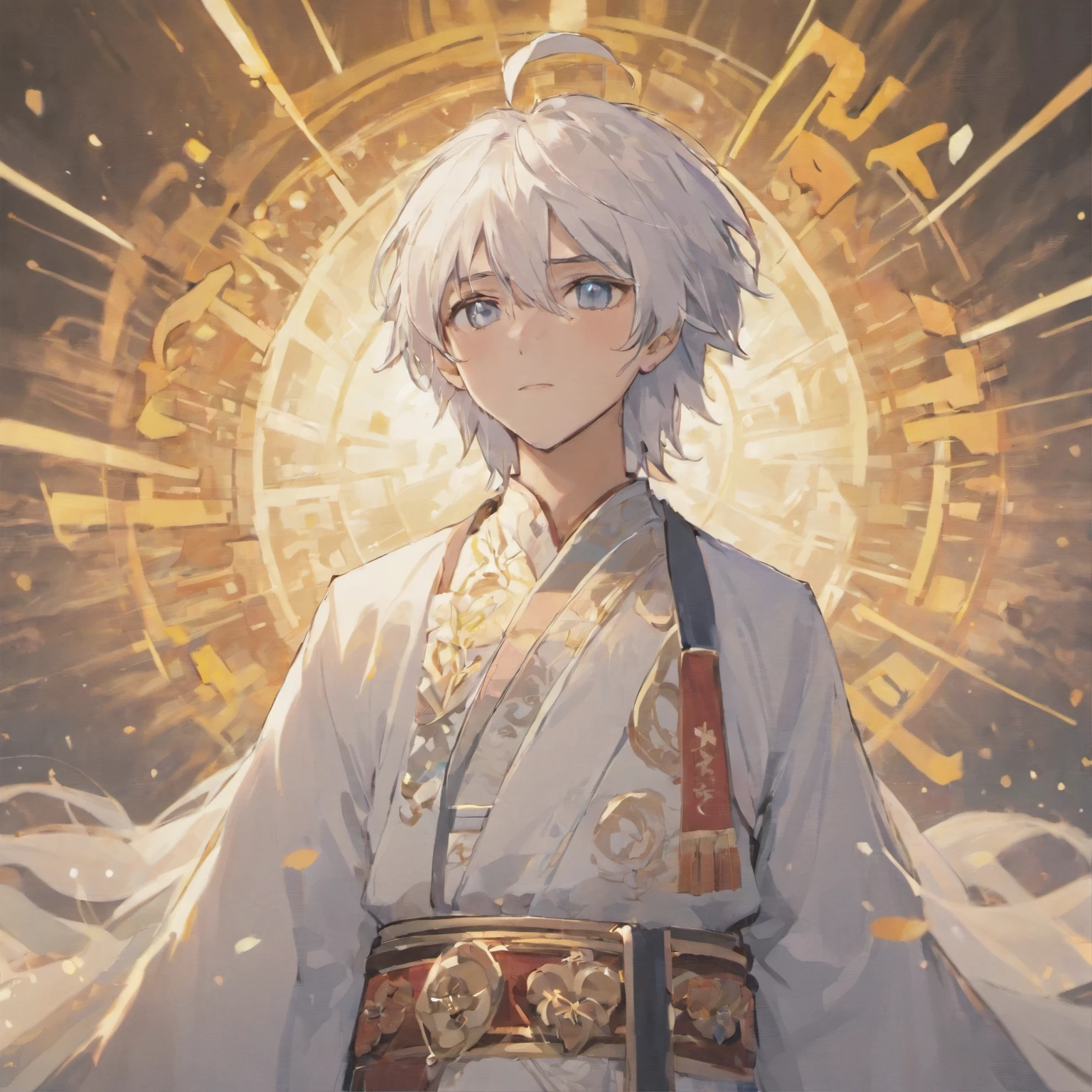 Man in white，Male，Man，Young men，White Hanfu，long  white hair，simplebackground