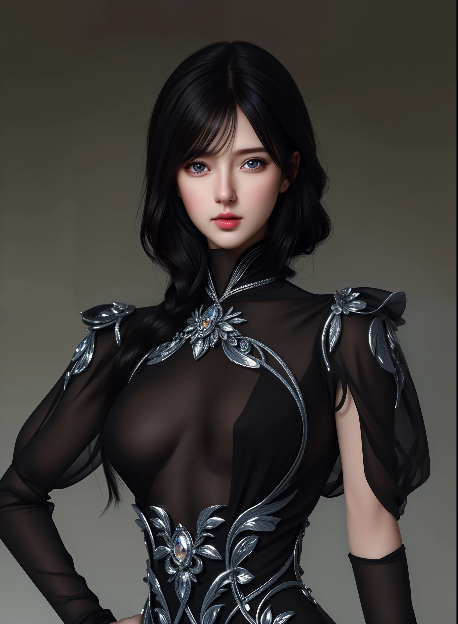 (hyperrealistic), (illustration), (high resolution), (8K), (extremely detailed), (best illustration), (beautiful detailed eyes), (best quality), (ultra-detailed), (masterpiece), (wallpaper), (photorealistic), (natural light), (rim lighting), (detailed face), (high detailed realistic skin texture), (anatomically correct), (solo), (1 girl), (high detailed realistic hair), (black hair:1.2), (heterochromic eyes), (detailed eyes), (sparkling eyes), (small moles under the eyes), (realistic big breasts:1.5), (exposed nipple breasts:1.3), (long legs), (slender abs), (dynamic pose), (closed tiny mouth:1.3), nsfw,