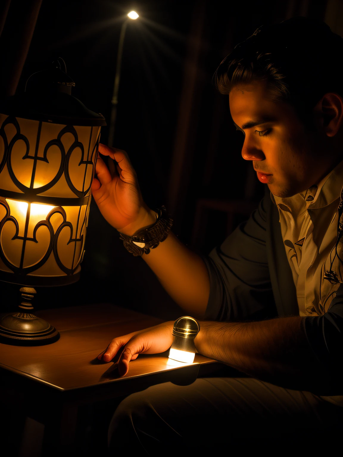 there is a man that is sitting down with a lamp, holding up a night lamp, holding a lantern, emerging from a lamp, flash photography at night, portrait shot, low light photography, low lighting, taken with canon eos 5 d mark iv, taken with a canon eos 5 d, taken with a canon eos 5d, underexposed lighting